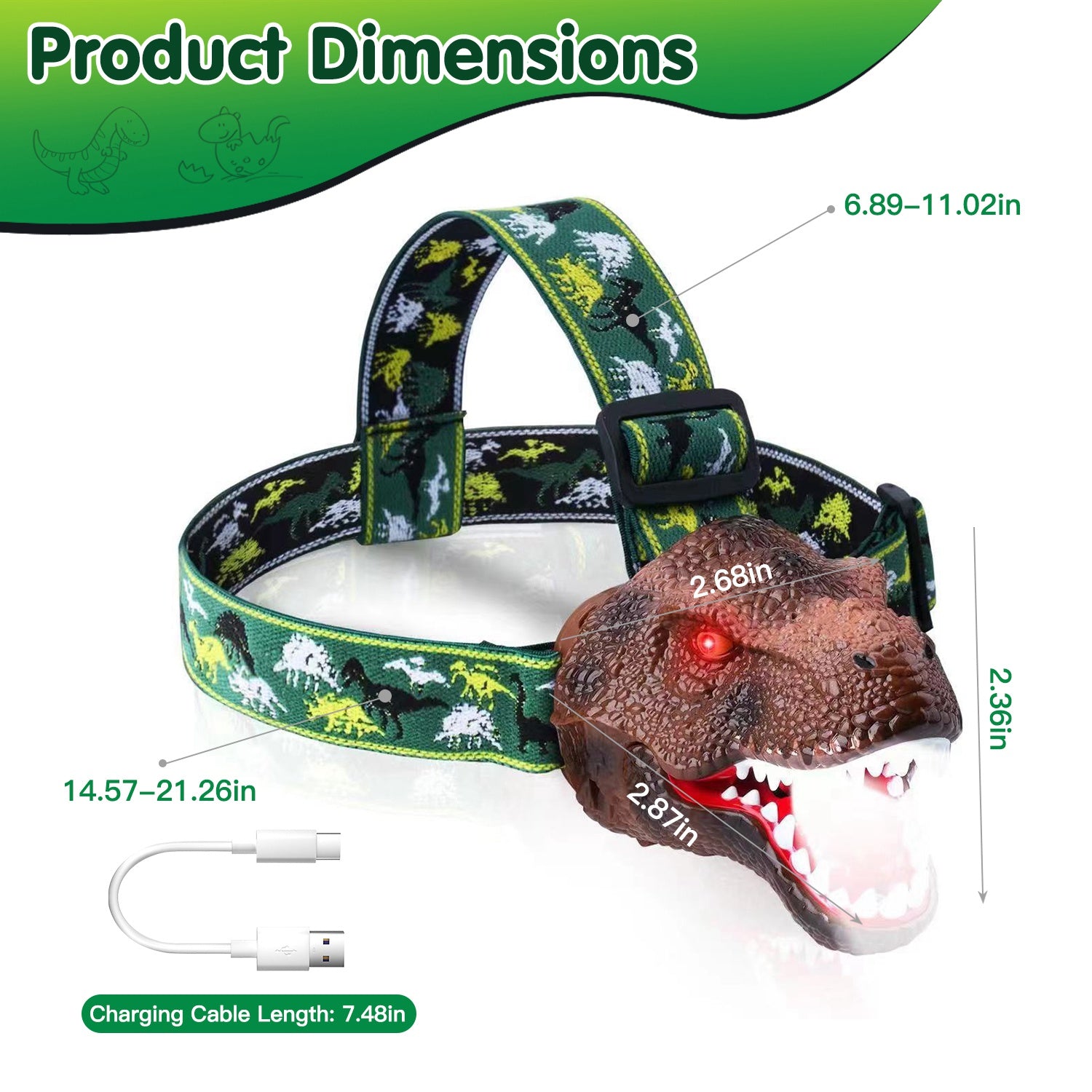 Kids Dinosaur Headlamp LED Flashlight Roar Sound Fun Gift Light
