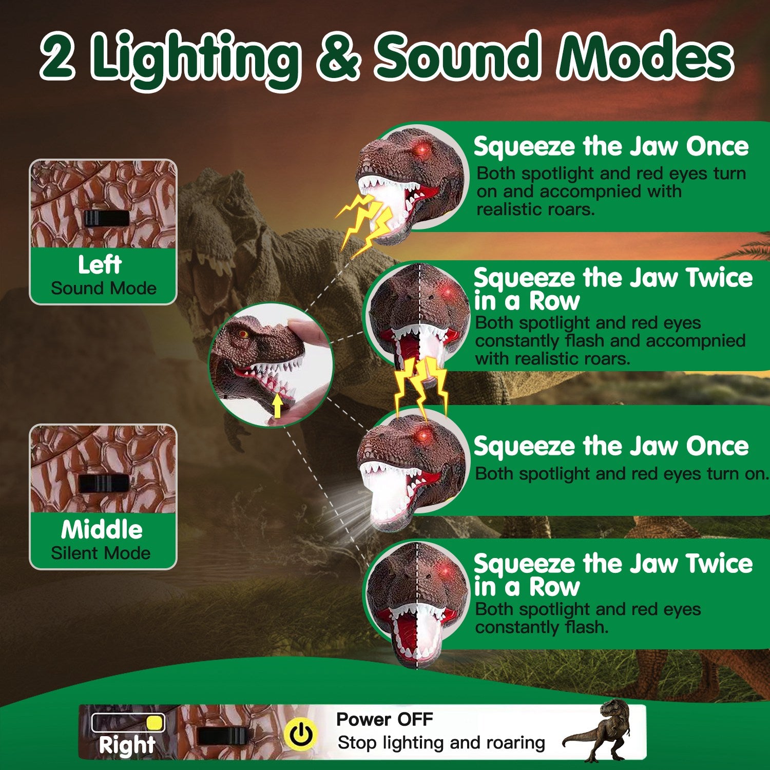 Kids Dinosaur Headlamp LED Flashlight Roar Sound Fun Gift Light