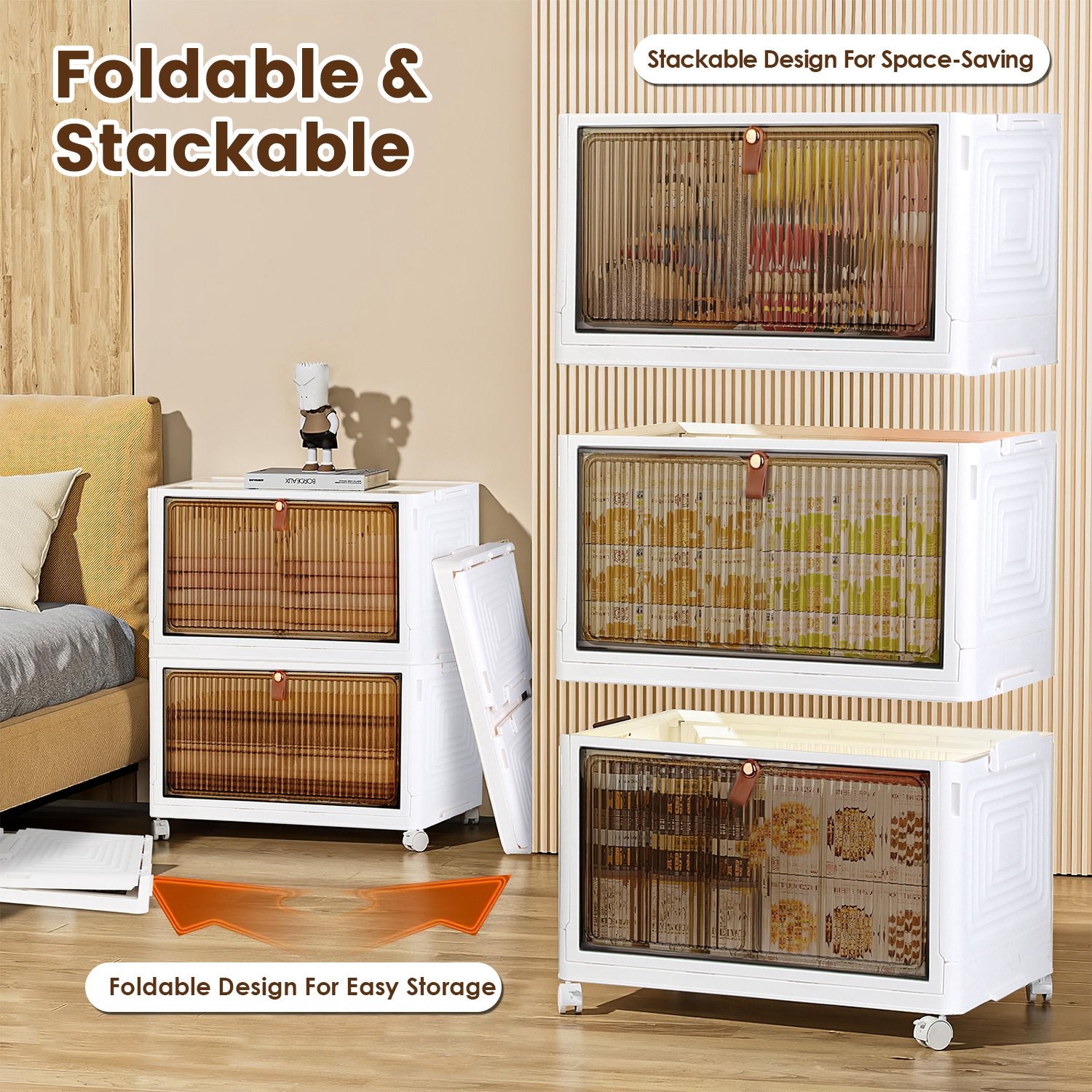 4Pc Foldable Storage Bins with Wheels Stackable Closet Organizer