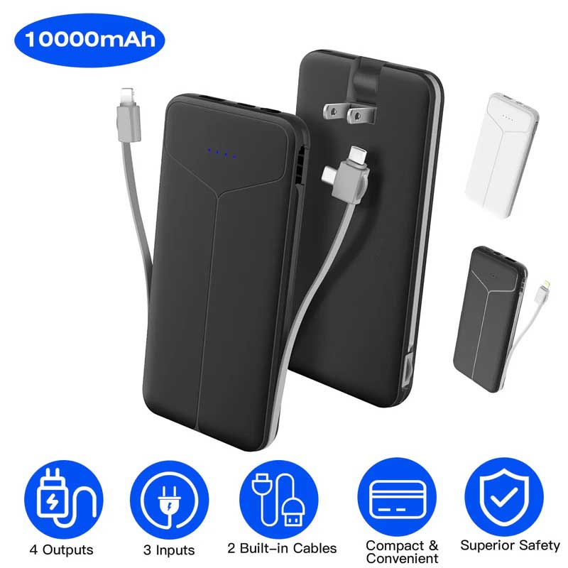 10000mAh Power Bank with Built in Cables Multi Output Charger