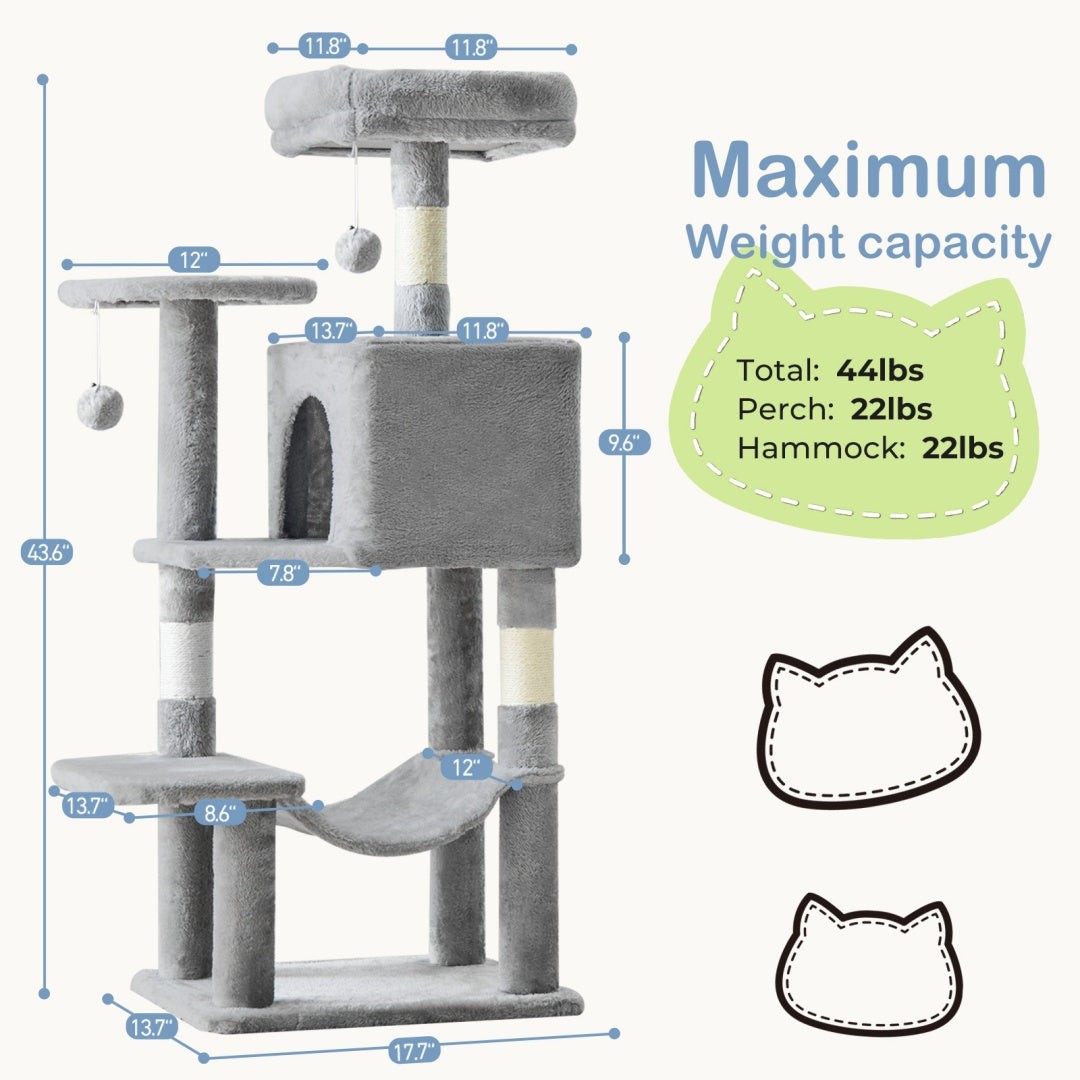 44-Inch Multi-Level Cat Tree Tower with Hammock & Sisal Scratching Posts