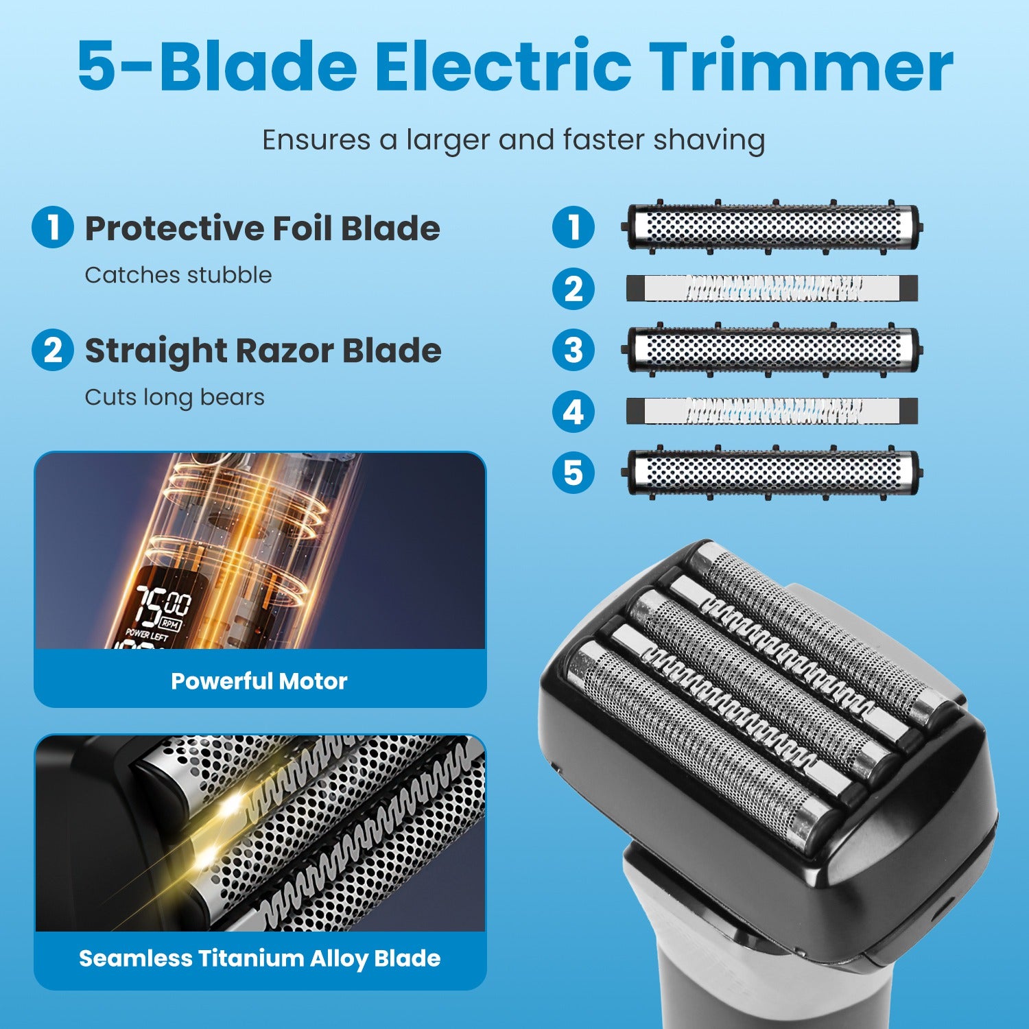 5 Blade Electric Foil Shaver Waterproof Beard Trimmer LED Display