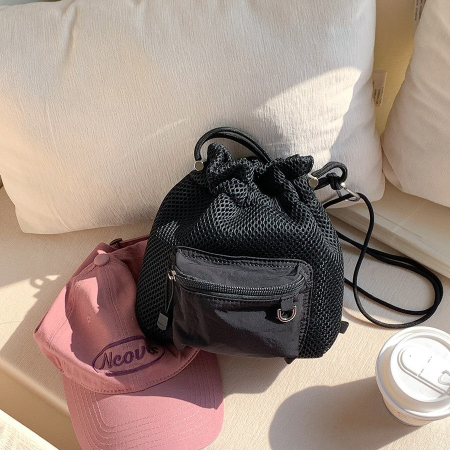 Small Mesh Drawstring Bucket Bag Cute Fashion Messenger Shoulder Bag for Women