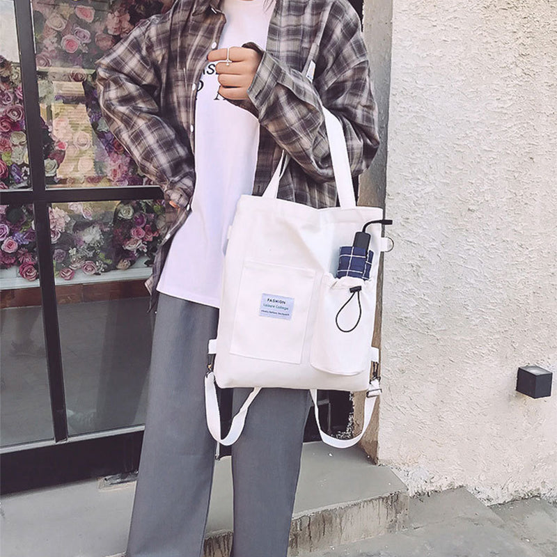 Canvas Student Shoulder Bag with Pockets Preppy Backpack Style School Bag for Women