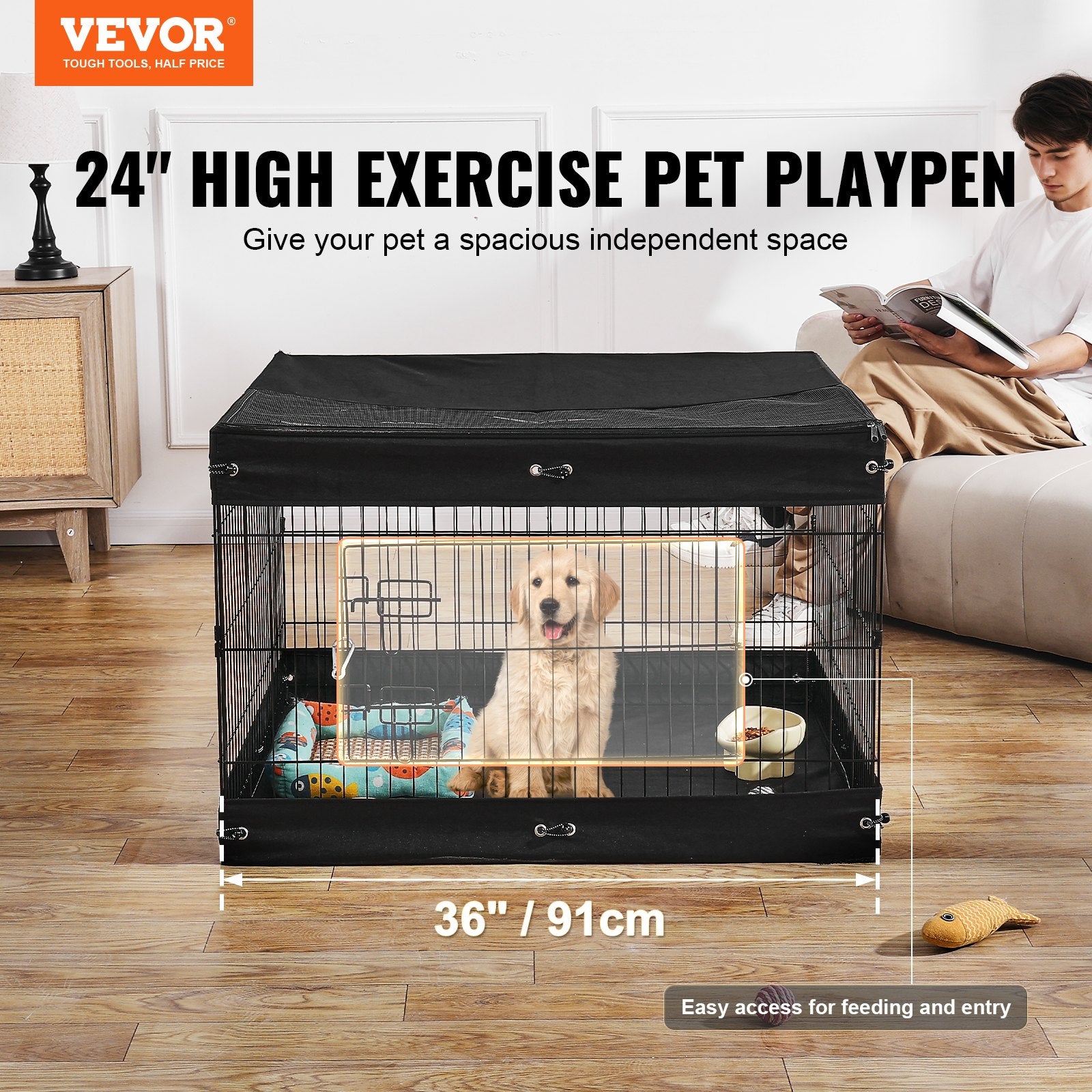 Foldable Metal Dog Playpen with Bottom Pad and Secure Panels