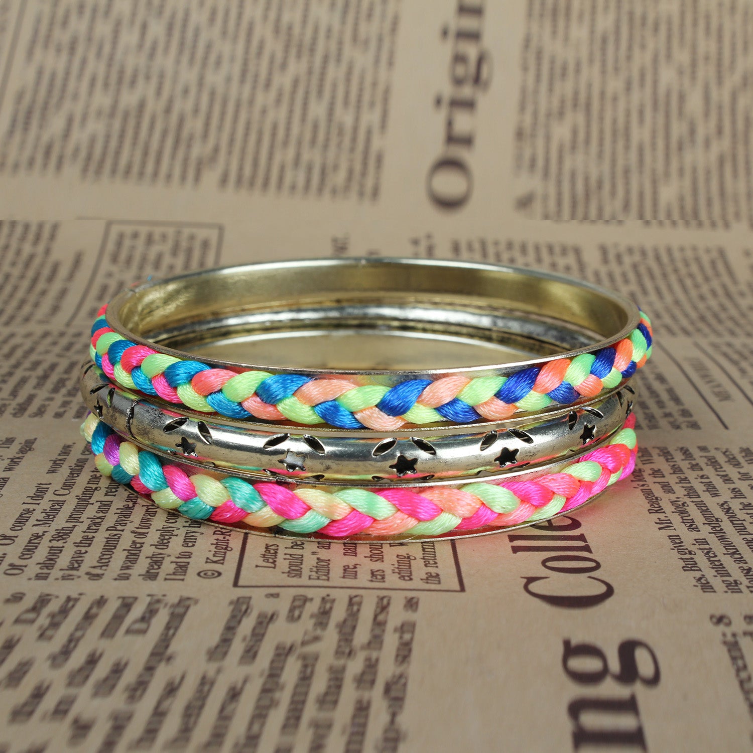 Trendy Colorful Woven Bracelet Set Burnished Gold Stack