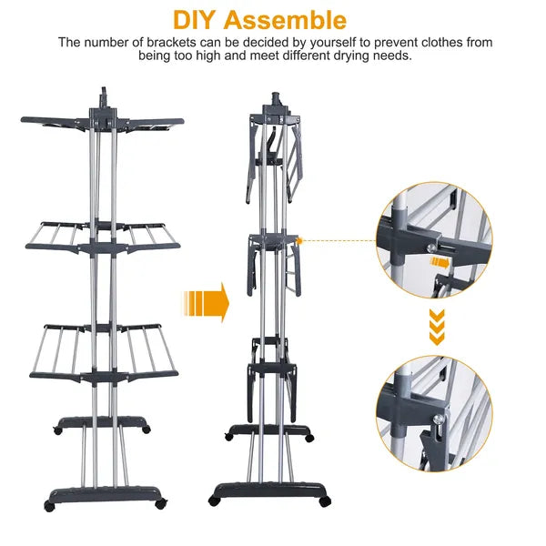 3-Tier Rolling Clothes Drying Rack Foldable Laundry Stand