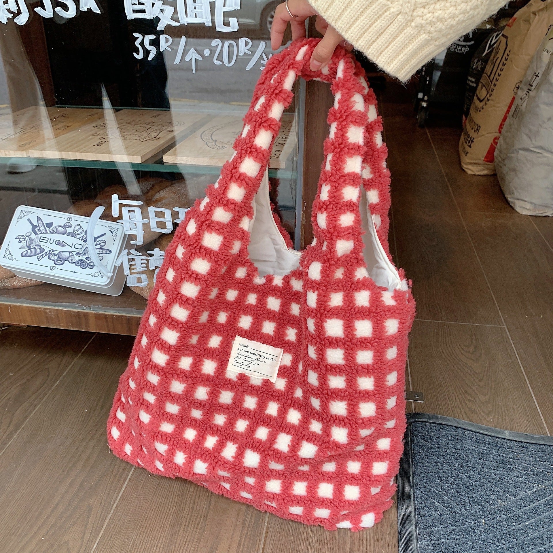 Large Capacity Waffle Flannel Tote Bag Minimalist Student Commute Style