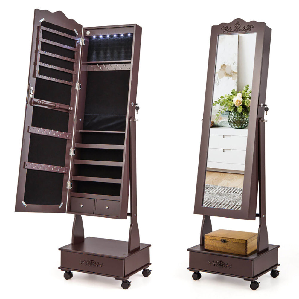 Luxury Rolling Mirrored Jewelry Armoire with Lock & LED Lights