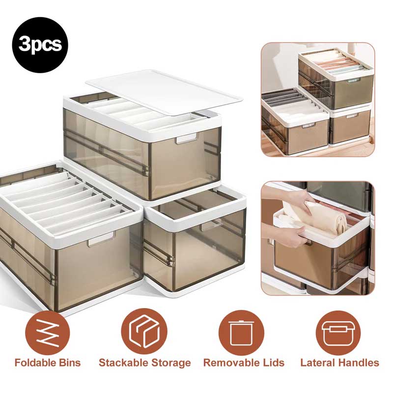 3 Pack Foldable Storage Bin Stackable Closet Organizer Box