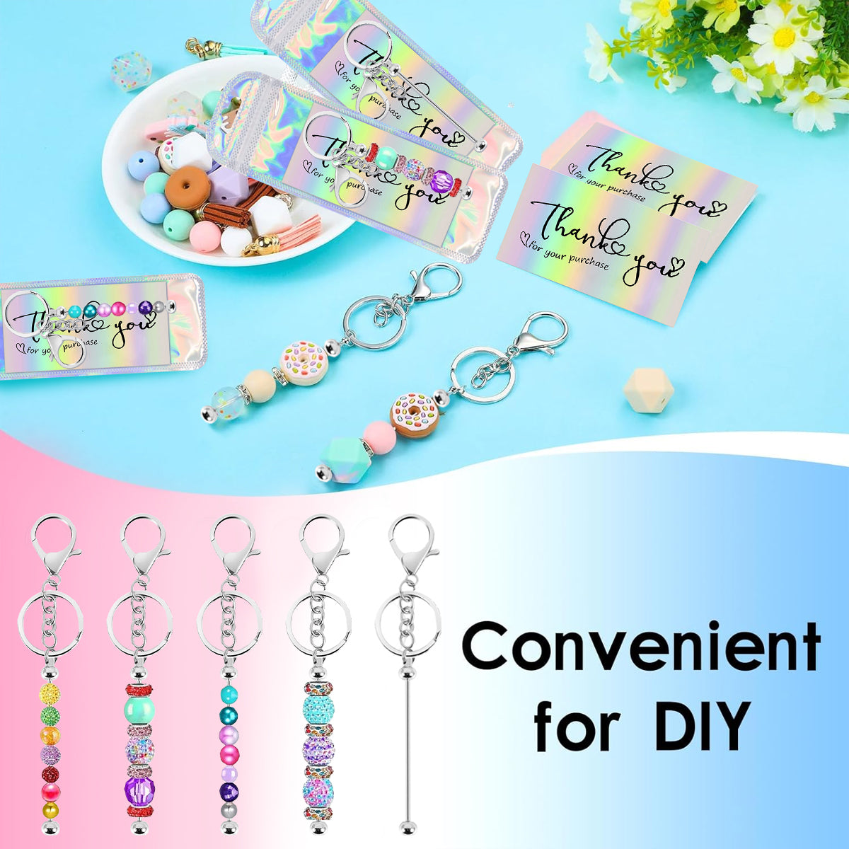 Premium 60Pc Beadable Keychain Kit Metal DIY Craft Accessories