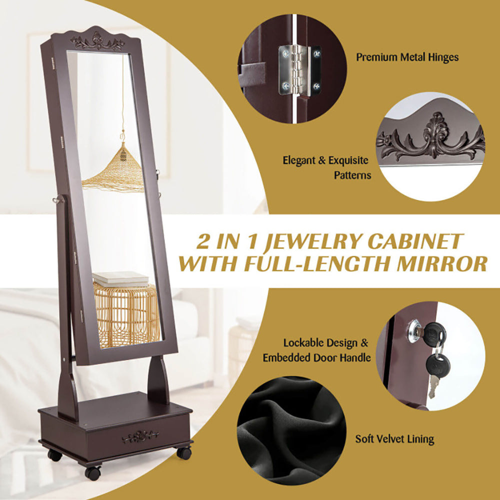 Luxury Rolling Mirrored Jewelry Armoire with Lock & LED Lights