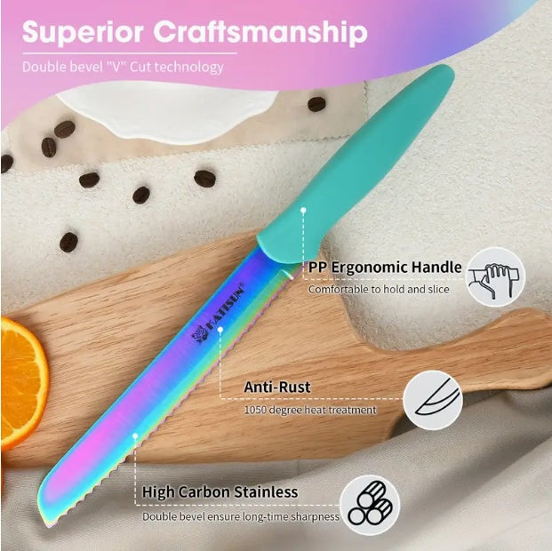 14 Piece Rainbow Knife Set Titanium Coated Stainless Steel with Stand
