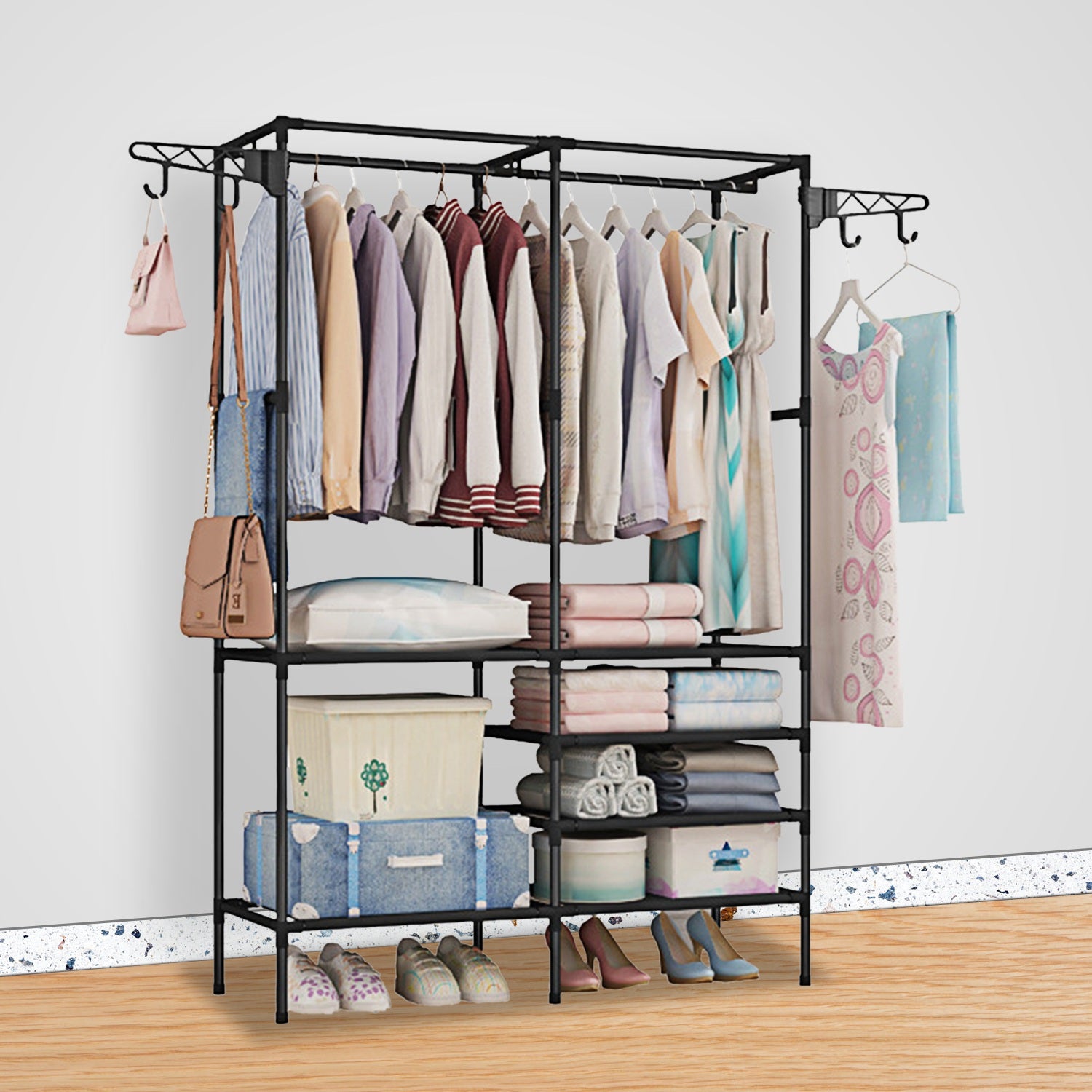 Metal Garment Rack Wardrobe with Shelves & Hanging Rods