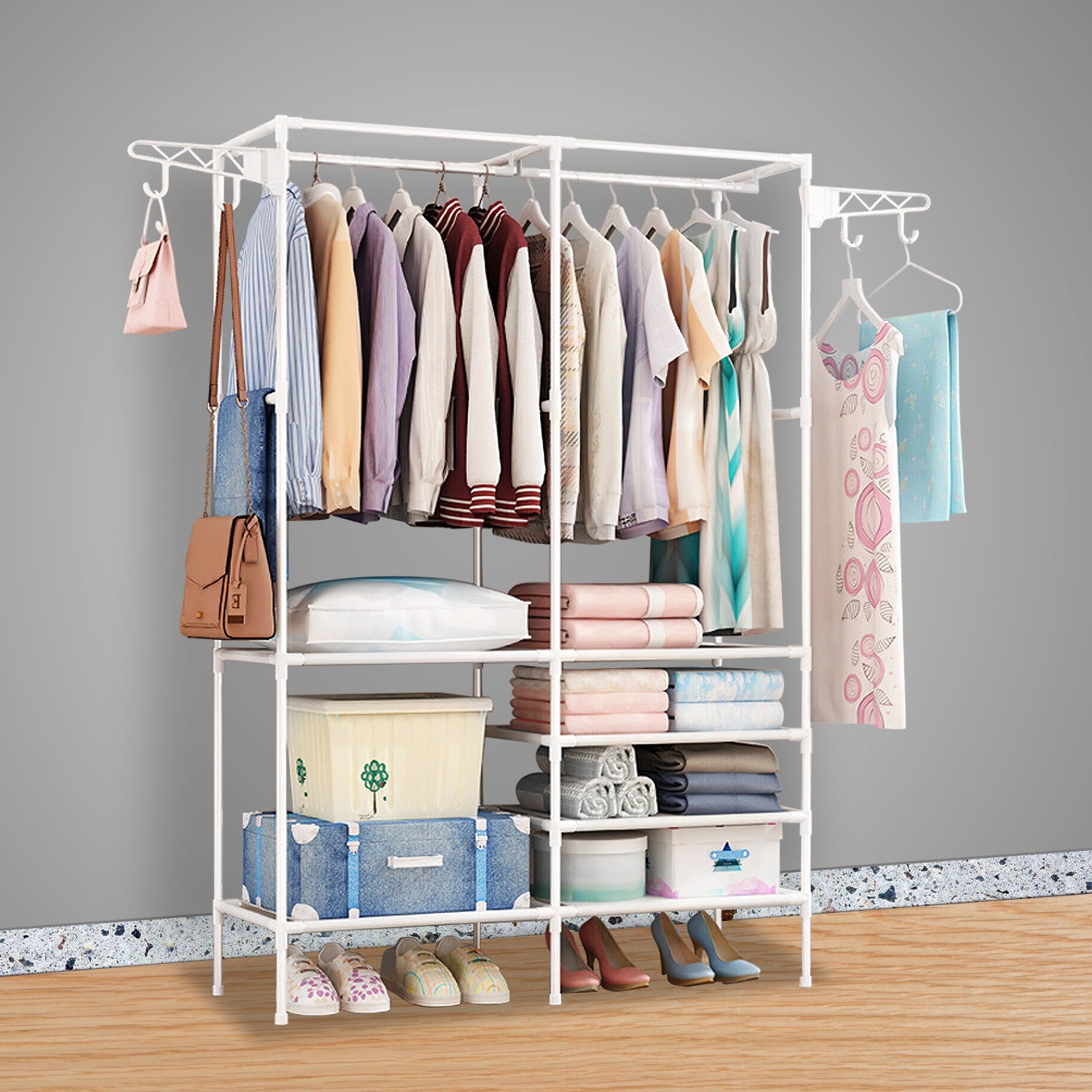 Metal Garment Rack Wardrobe with Shelves & Hanging Rods