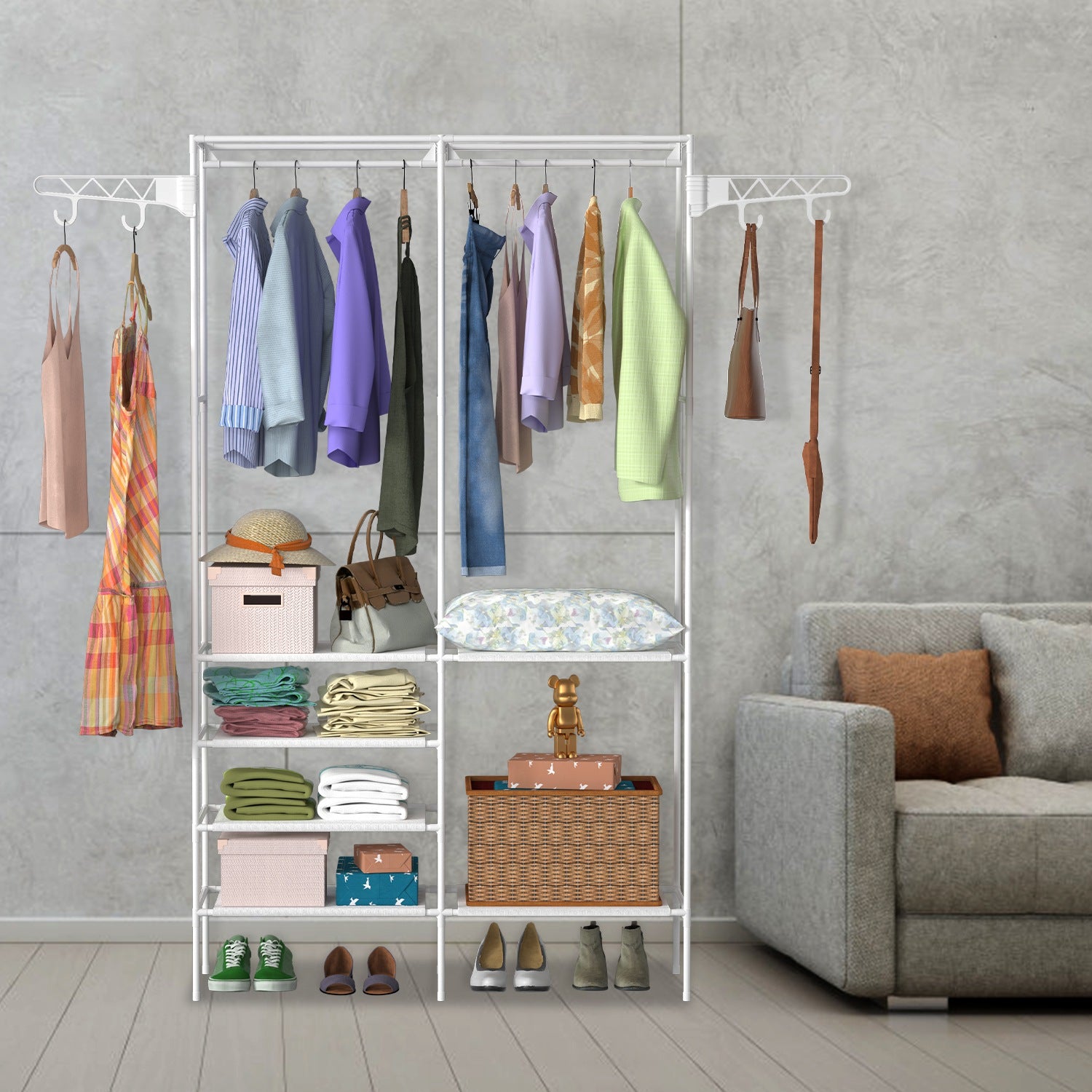 Metal Garment Rack Wardrobe with Shelves & Hanging Rods