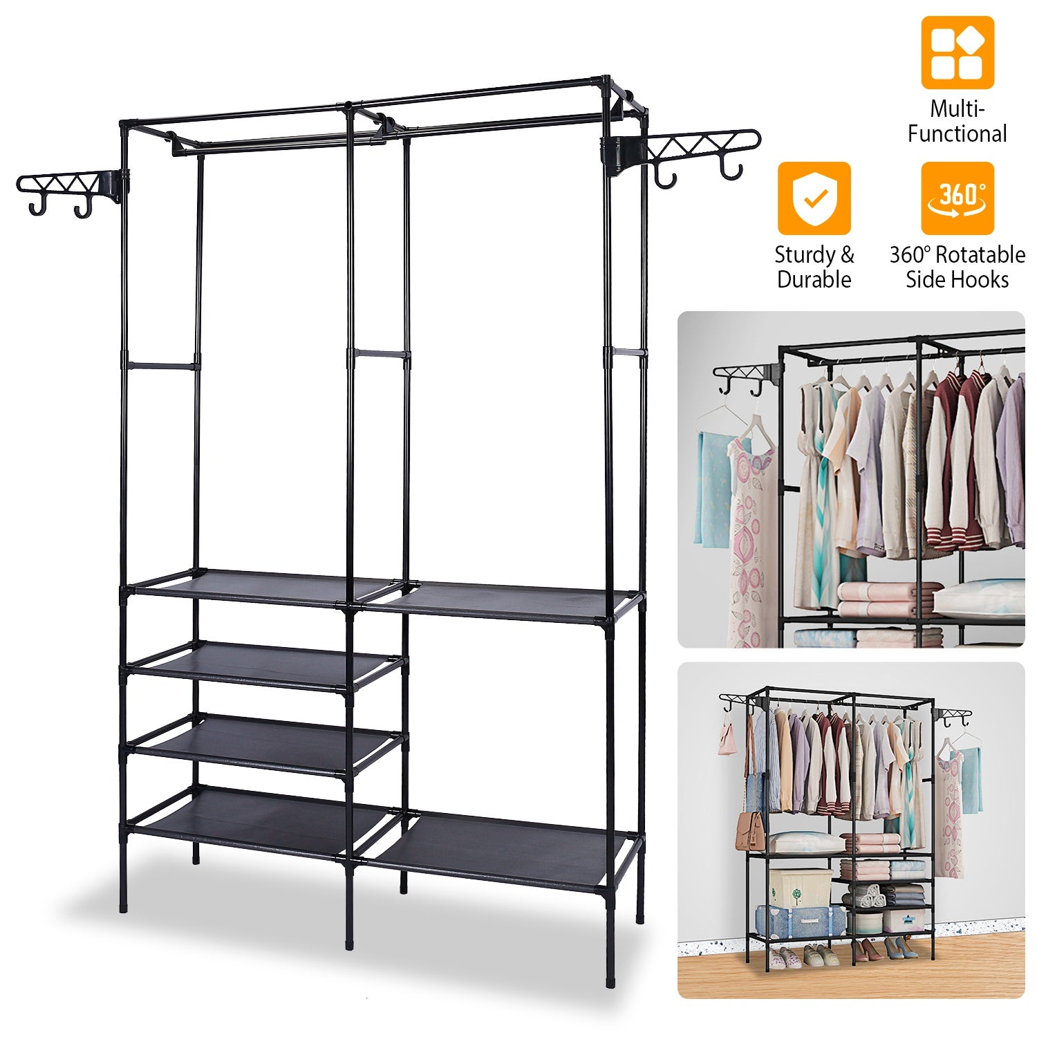Metal Garment Rack Wardrobe with Shelves & Hanging Rods