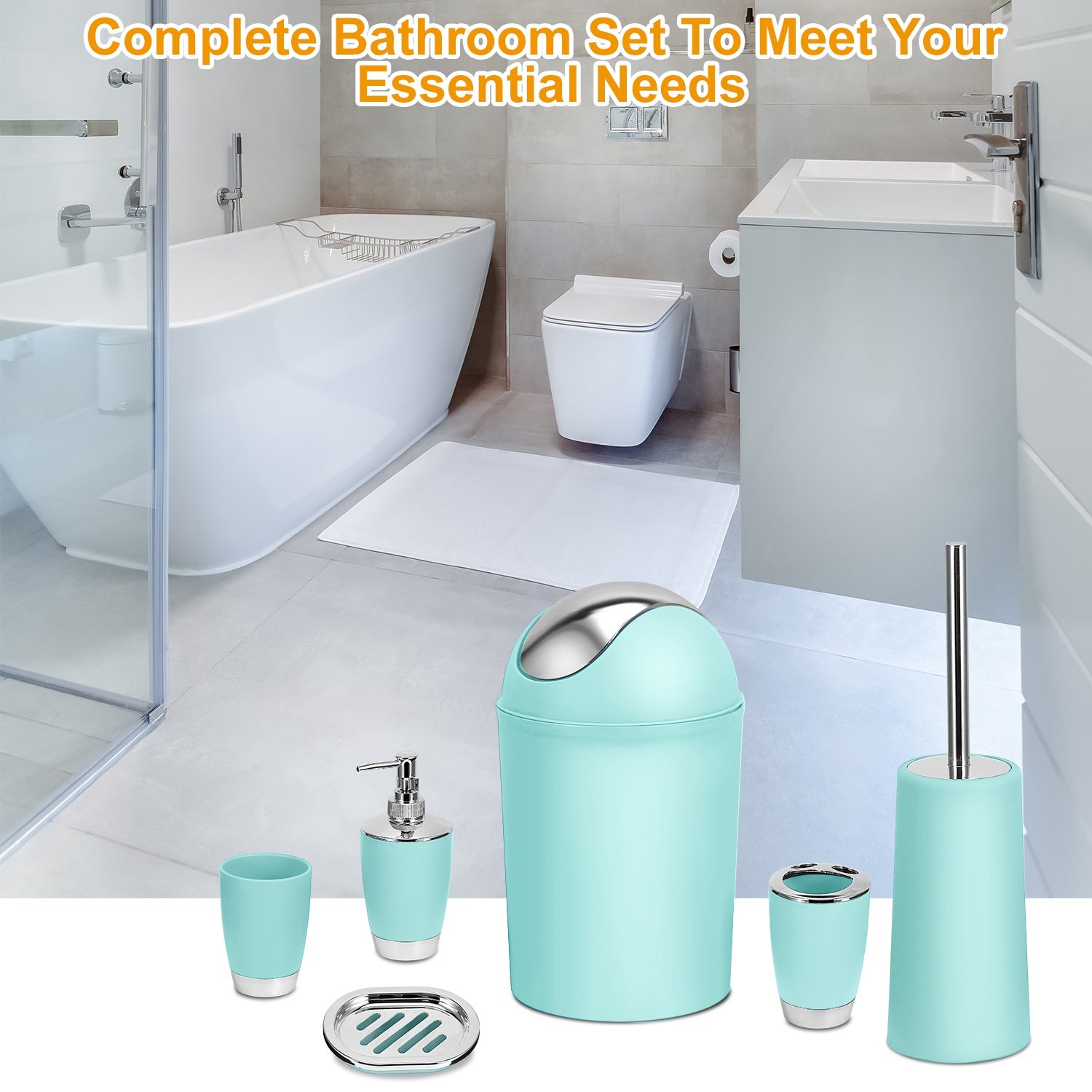 6 Piece Bathroom Accessories Set Soap Dispenser Trash Can