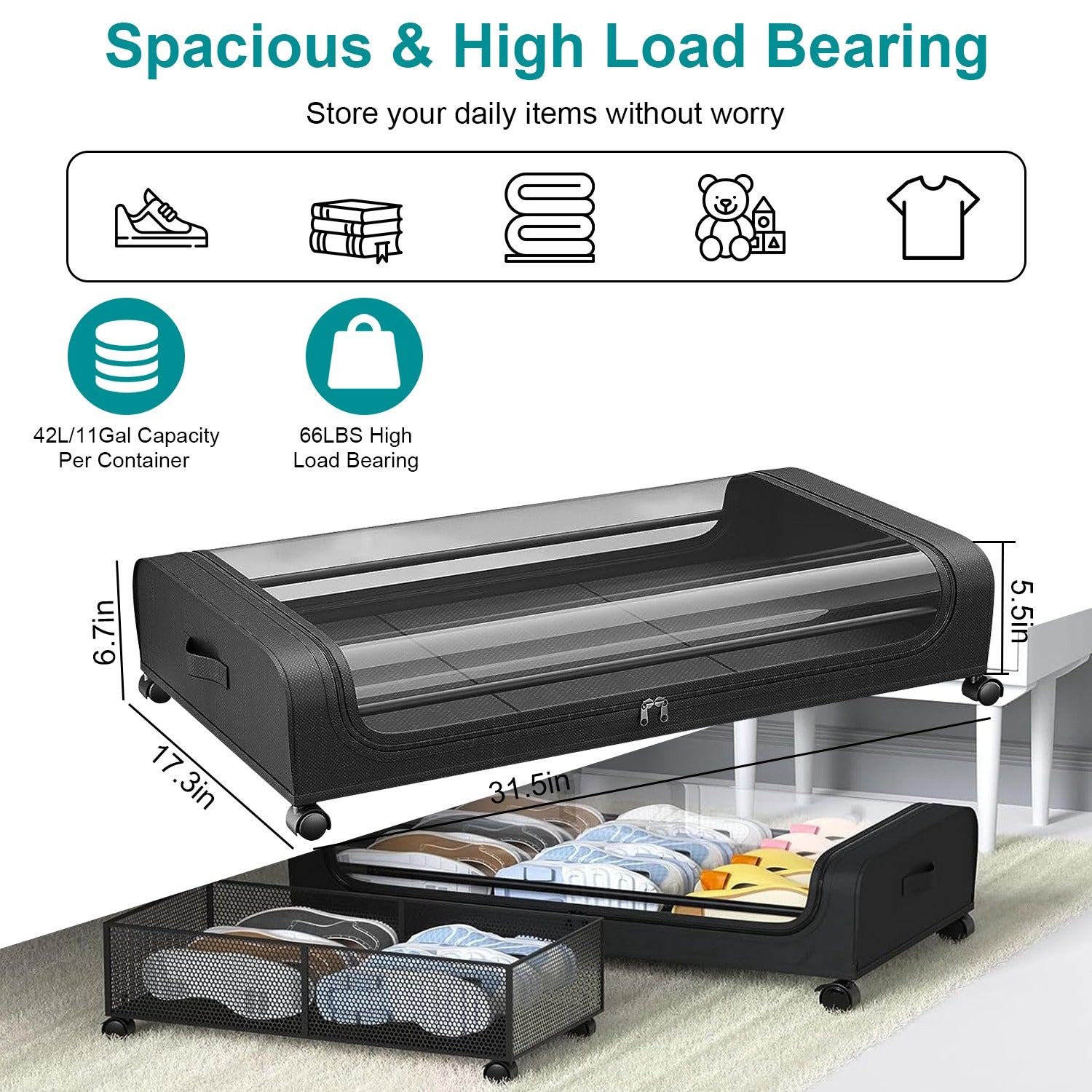 2Pcs Under Bed Storage Containers with Wheels Lid 42L Heavy Duty