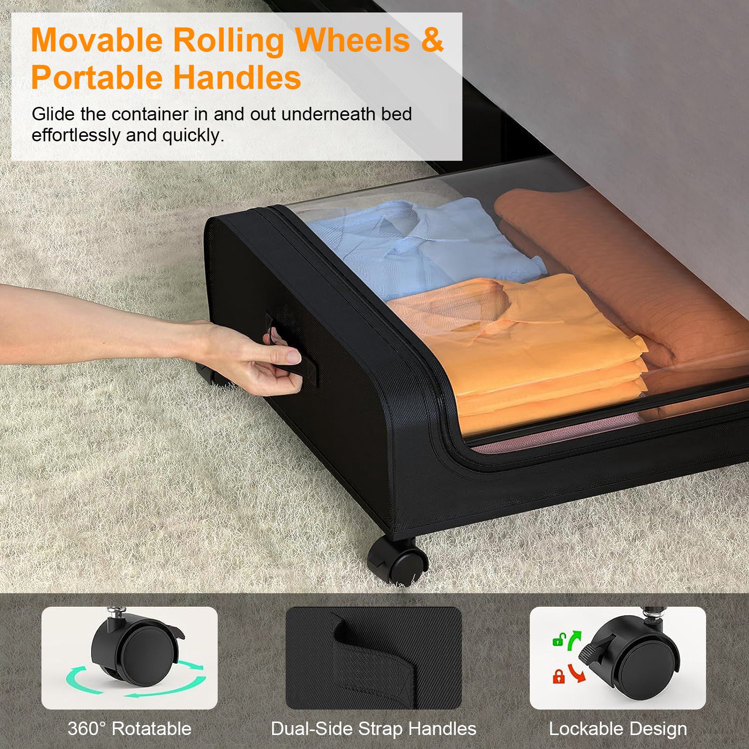 2Pcs Under Bed Storage Containers with Wheels Lid 42L Heavy Duty