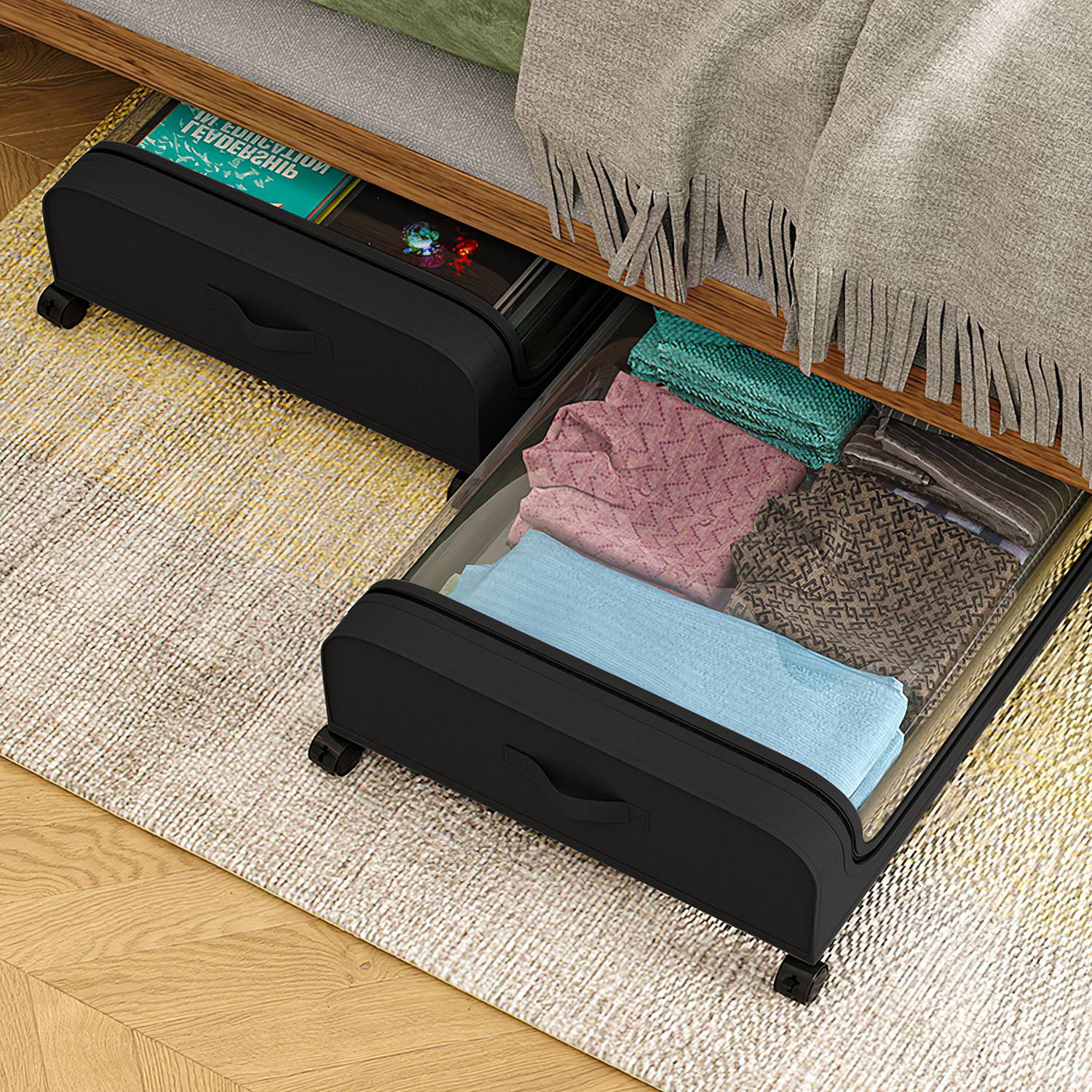 2Pcs Under Bed Storage Containers with Wheels Lid 42L Heavy Duty