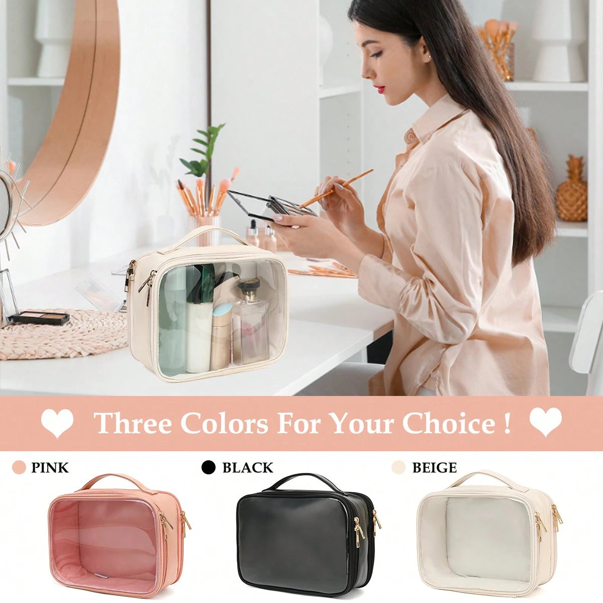 Clear Makeup Bag Travel Cosmetic Organizer with Brush Holder