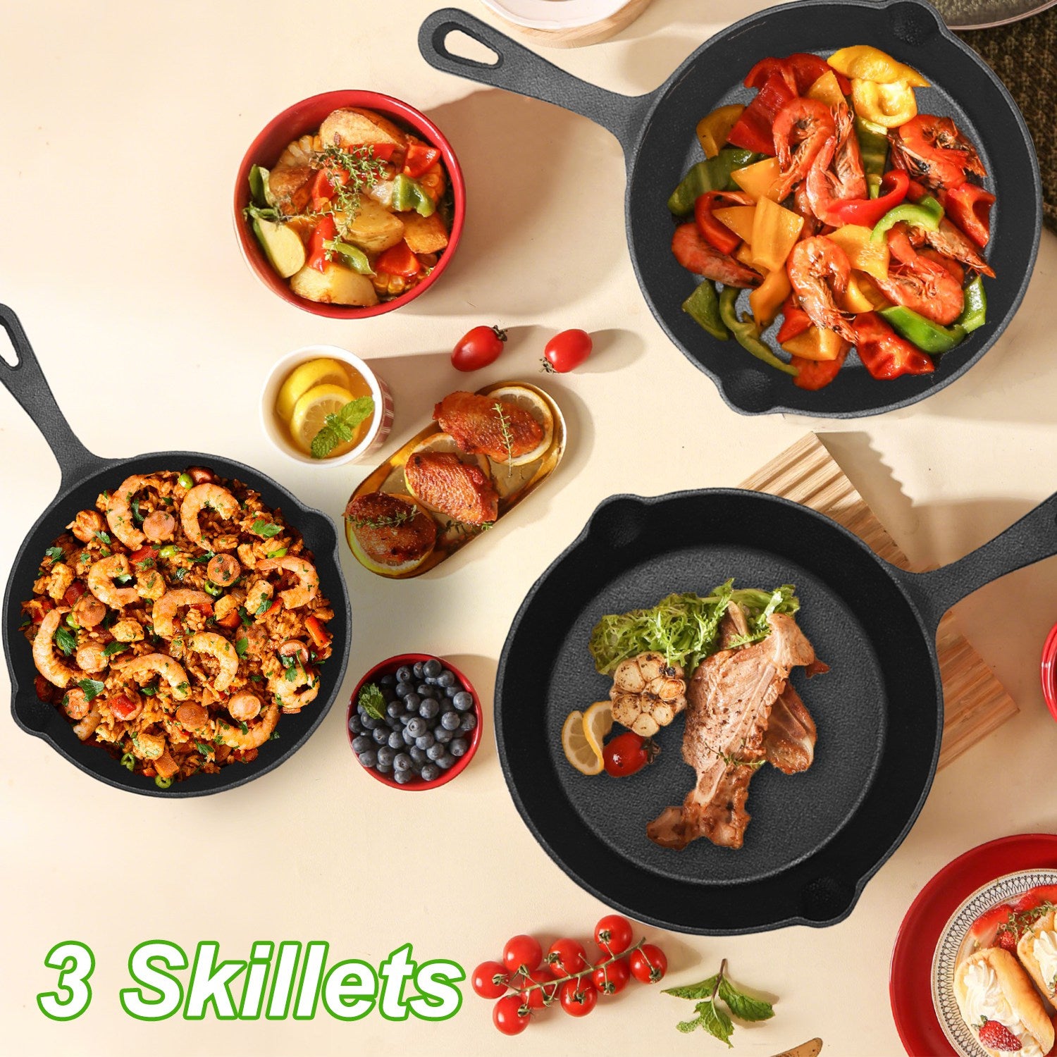 3Pcs Cast Iron Skillet Set Pre-Seasoned Cookware