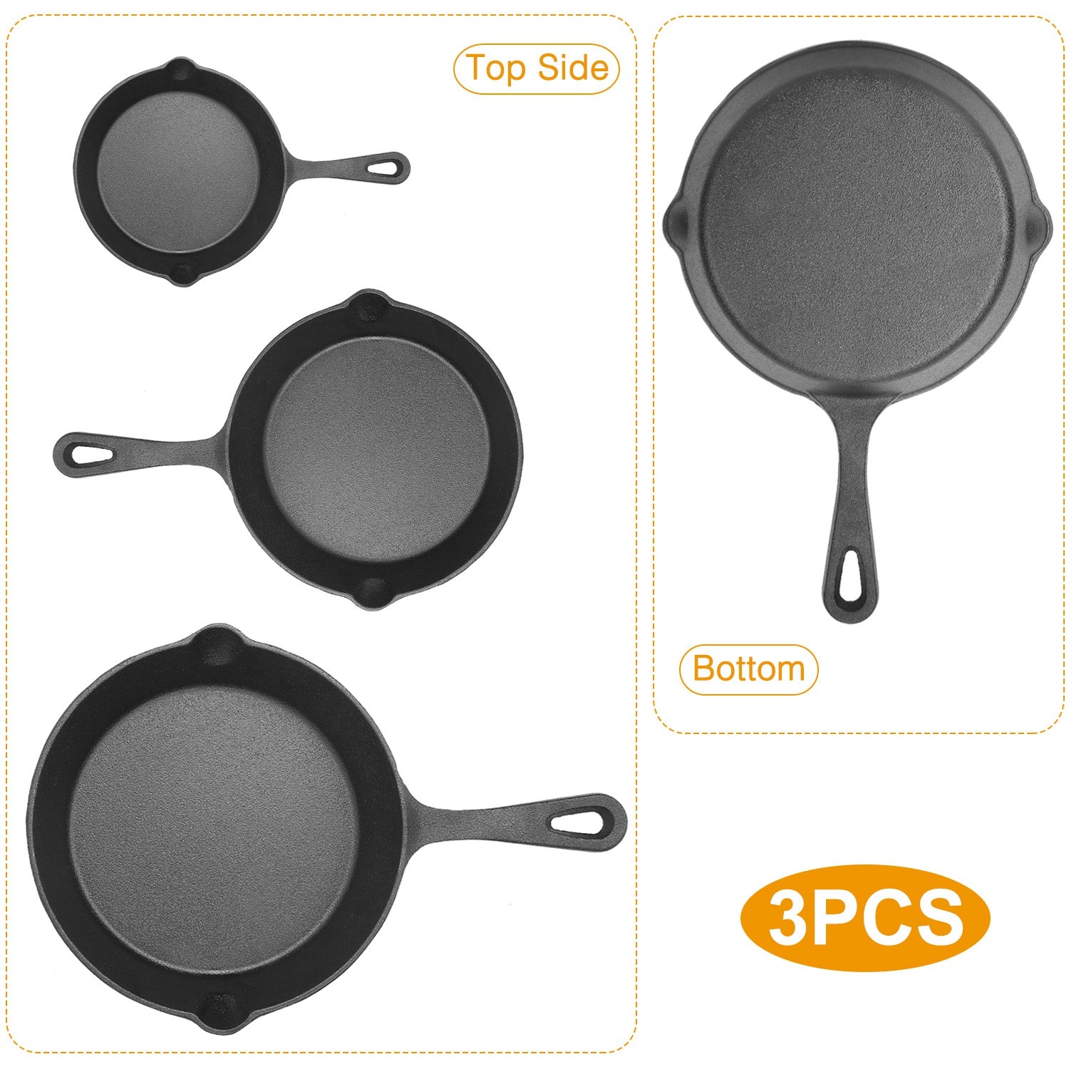 3Pcs Cast Iron Skillet Set Pre-Seasoned Cookware