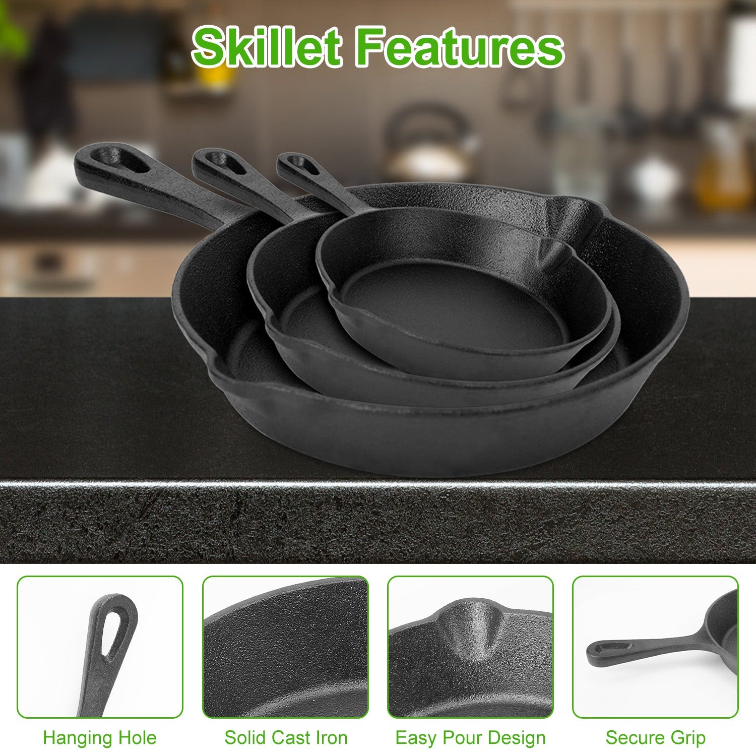 3Pcs Cast Iron Skillet Set Pre-Seasoned Cookware