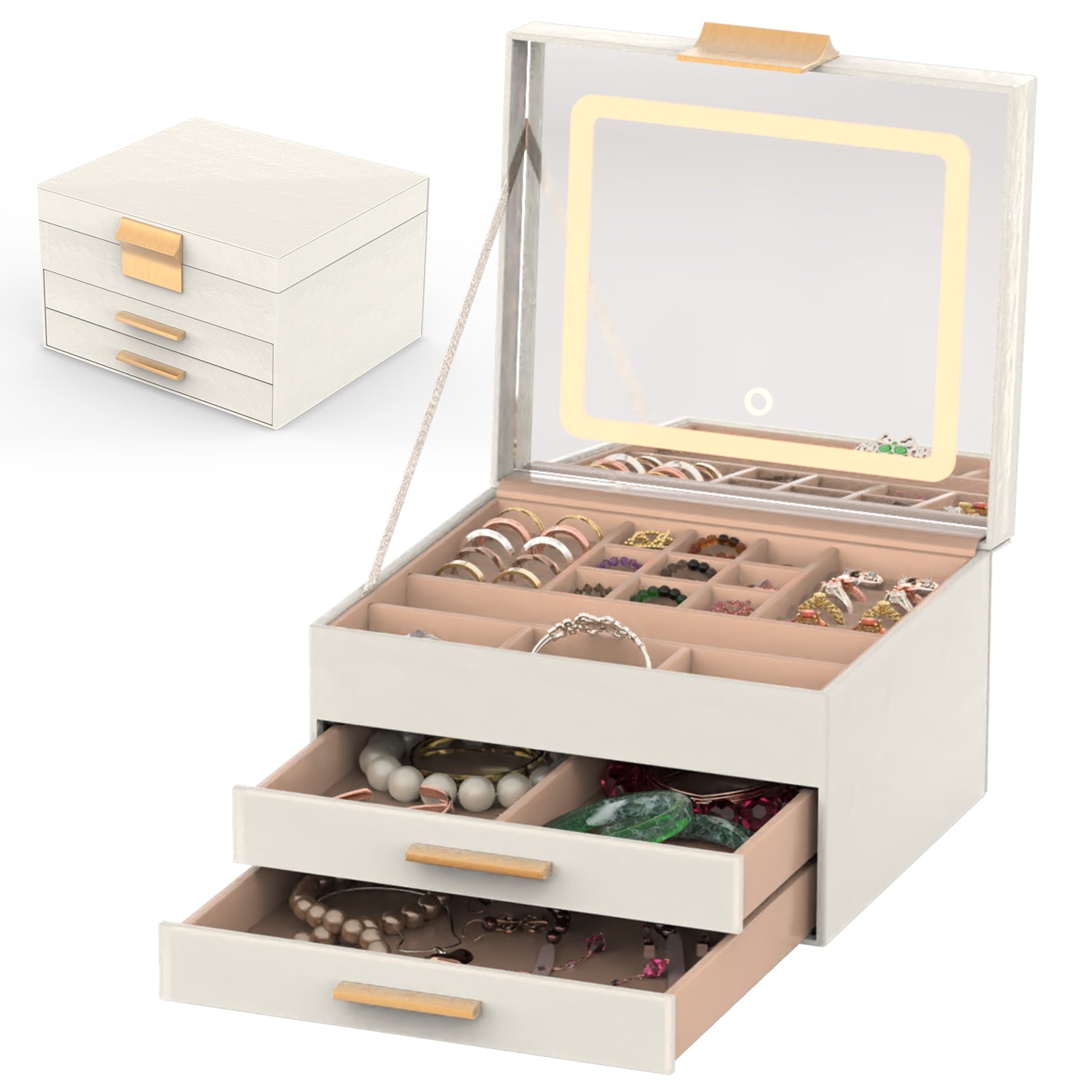 Jewelry Box with LED Mirror 3 Layer Organizer with 2 Drawers