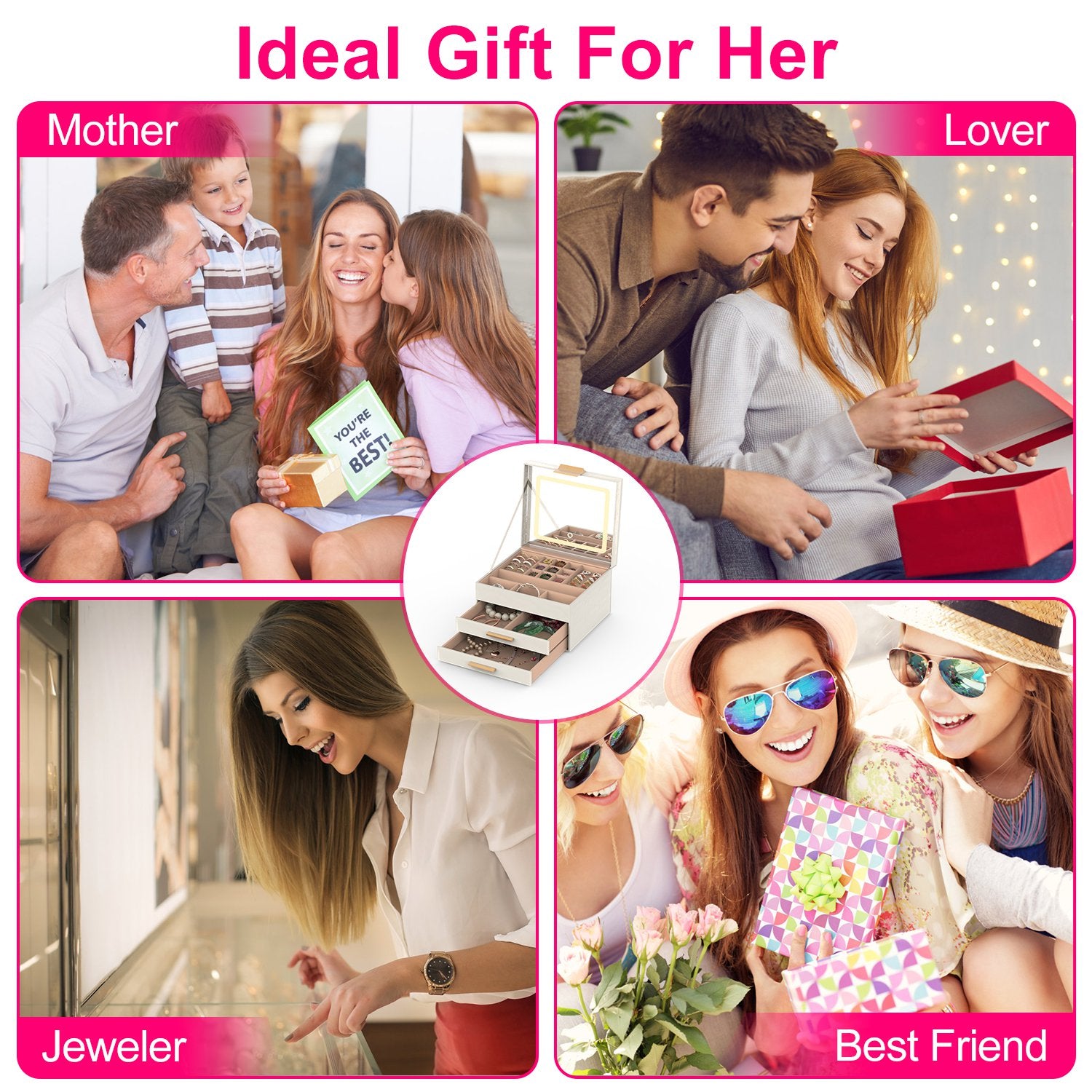 Jewelry Box with LED Mirror 3 Layer Organizer with 2 Drawers