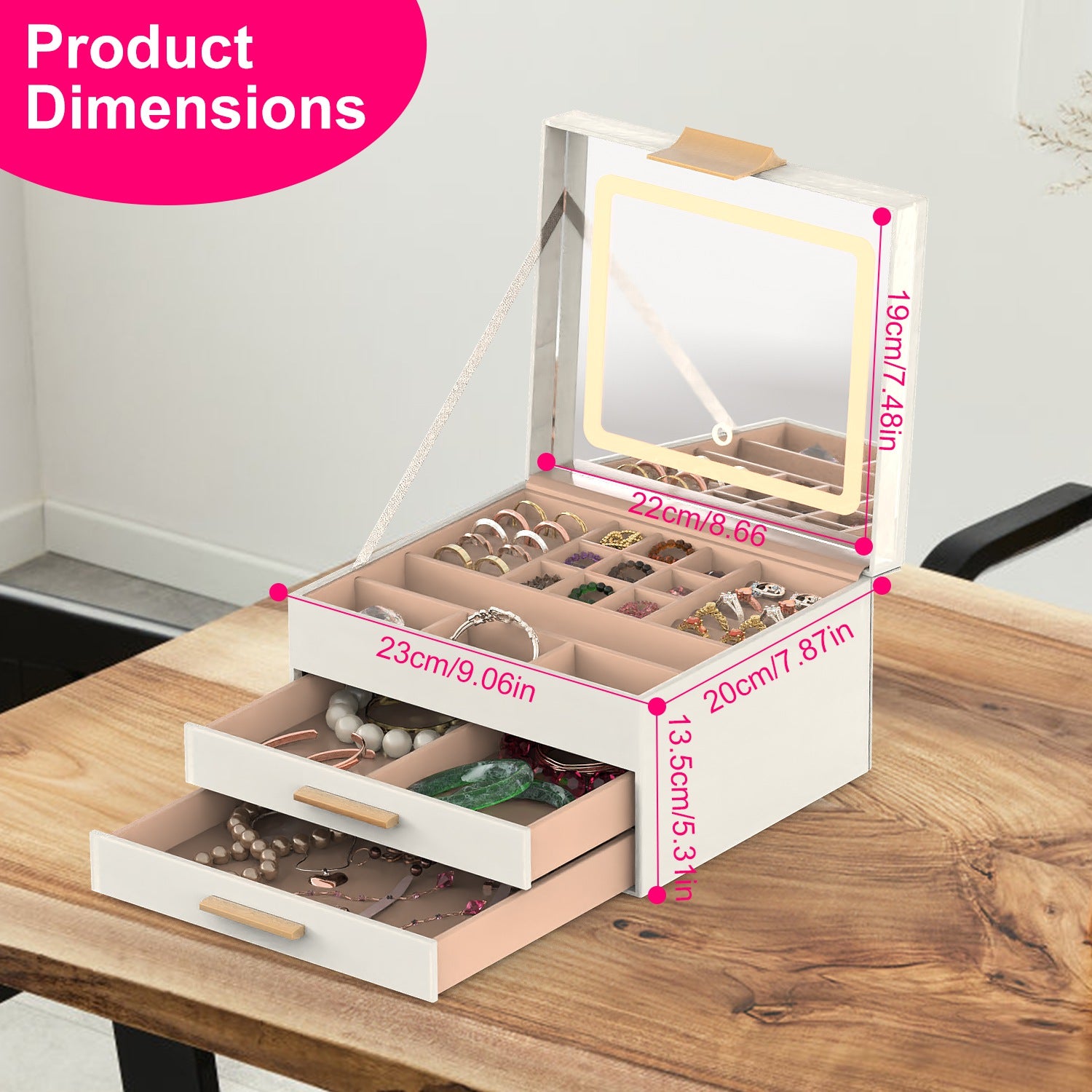 Jewelry Box with LED Mirror 3 Layer Organizer with 2 Drawers