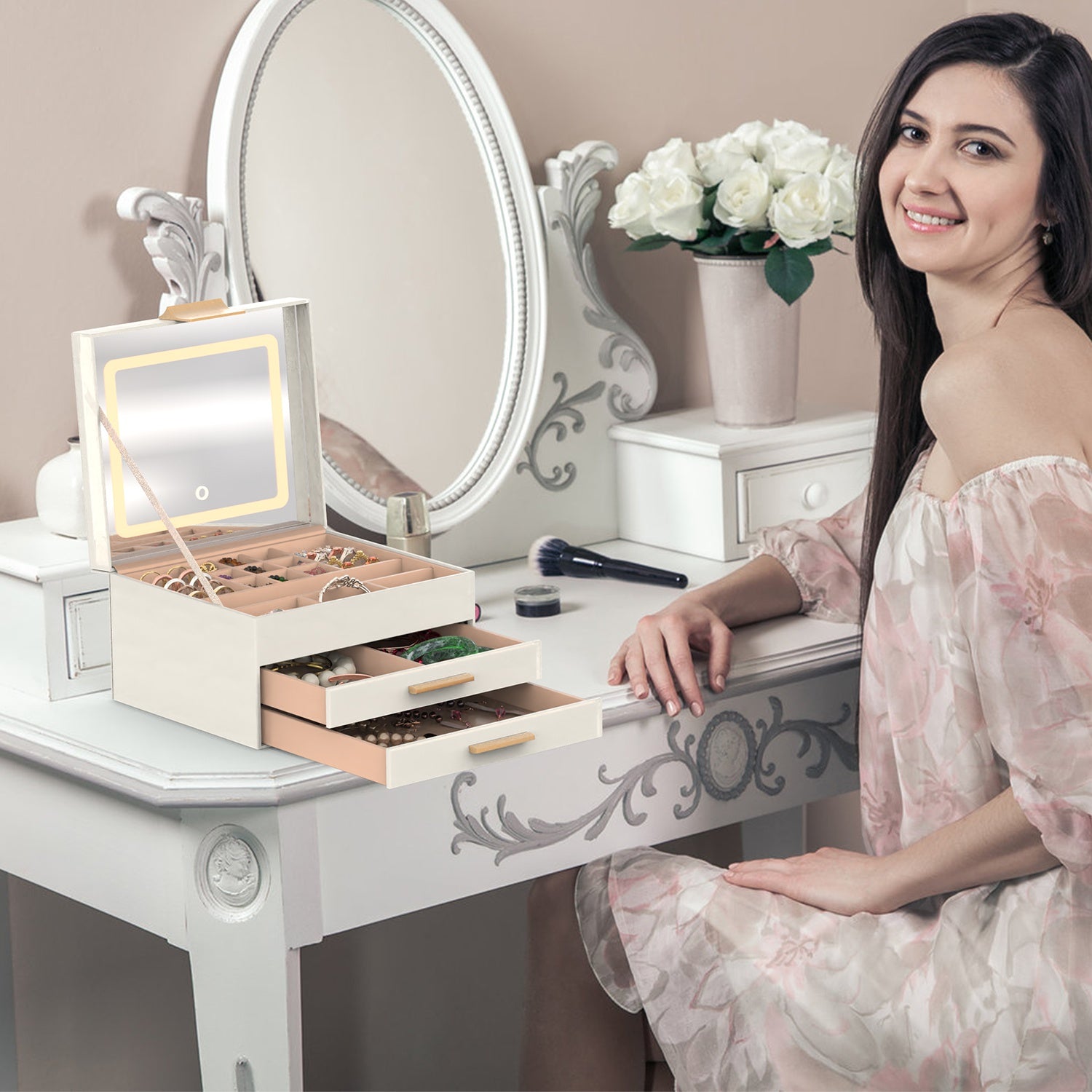 Jewelry Box with LED Mirror 3 Layer Organizer with 2 Drawers