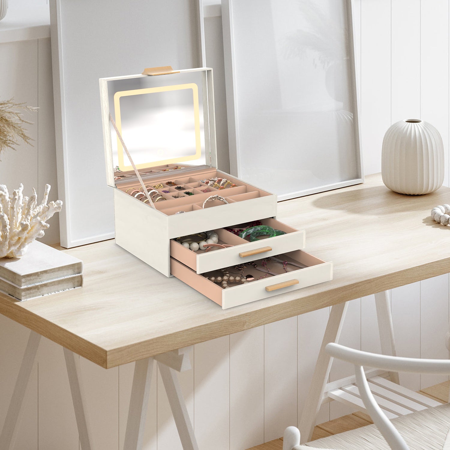 Jewelry Box with LED Mirror 3 Layer Organizer with 2 Drawers