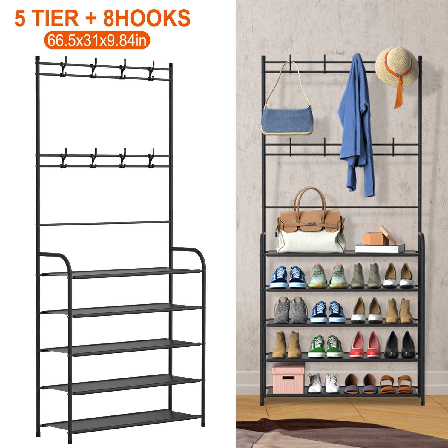All-in-One Hall Tree Coat Rack with 5-Tier Shoe Storage Shelf