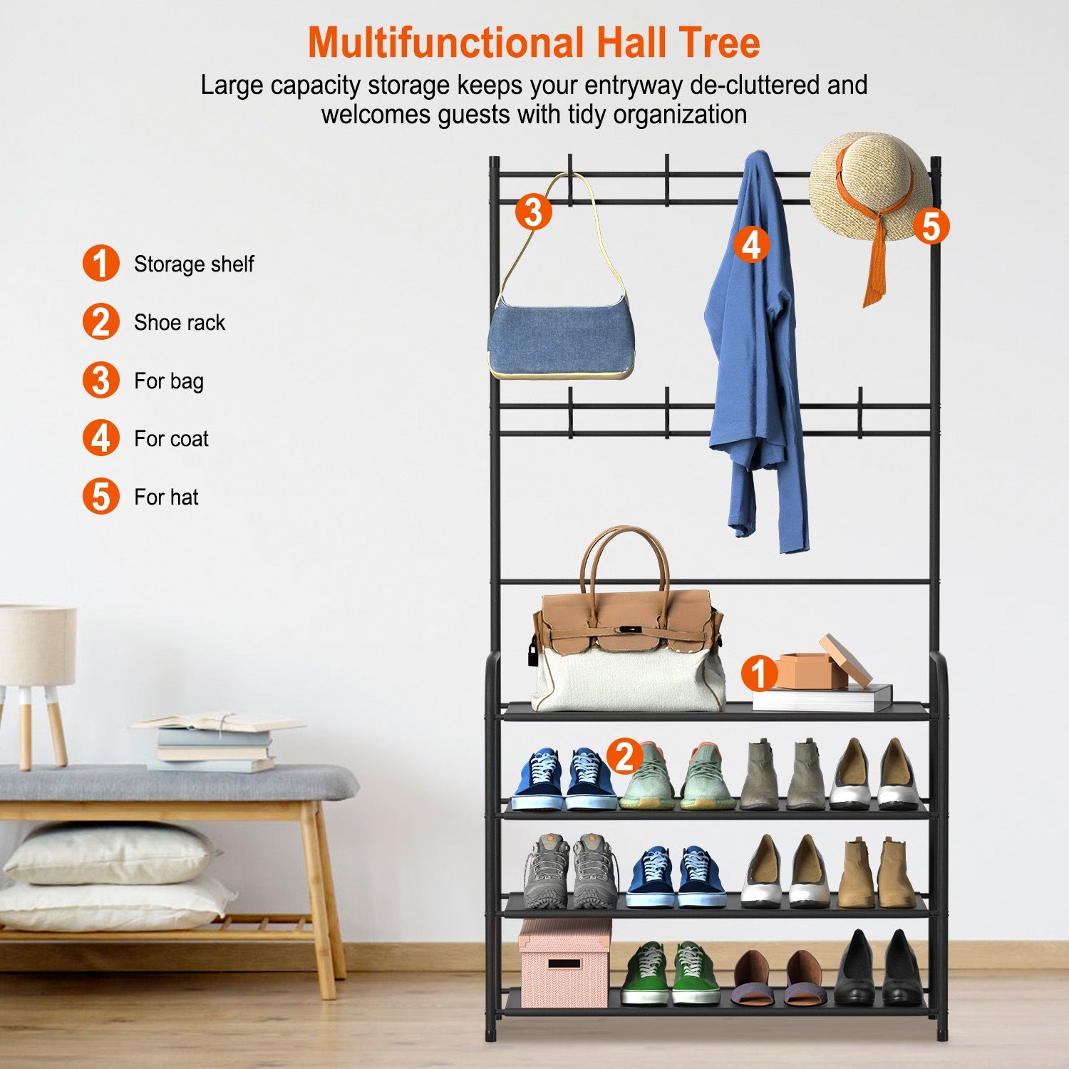 All-in-One Hall Tree Coat Rack with 5-Tier Shoe Storage Shelf