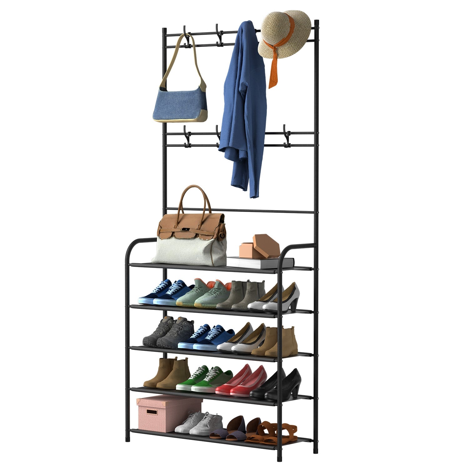 All-in-One Hall Tree Coat Rack with 5-Tier Shoe Storage Shelf