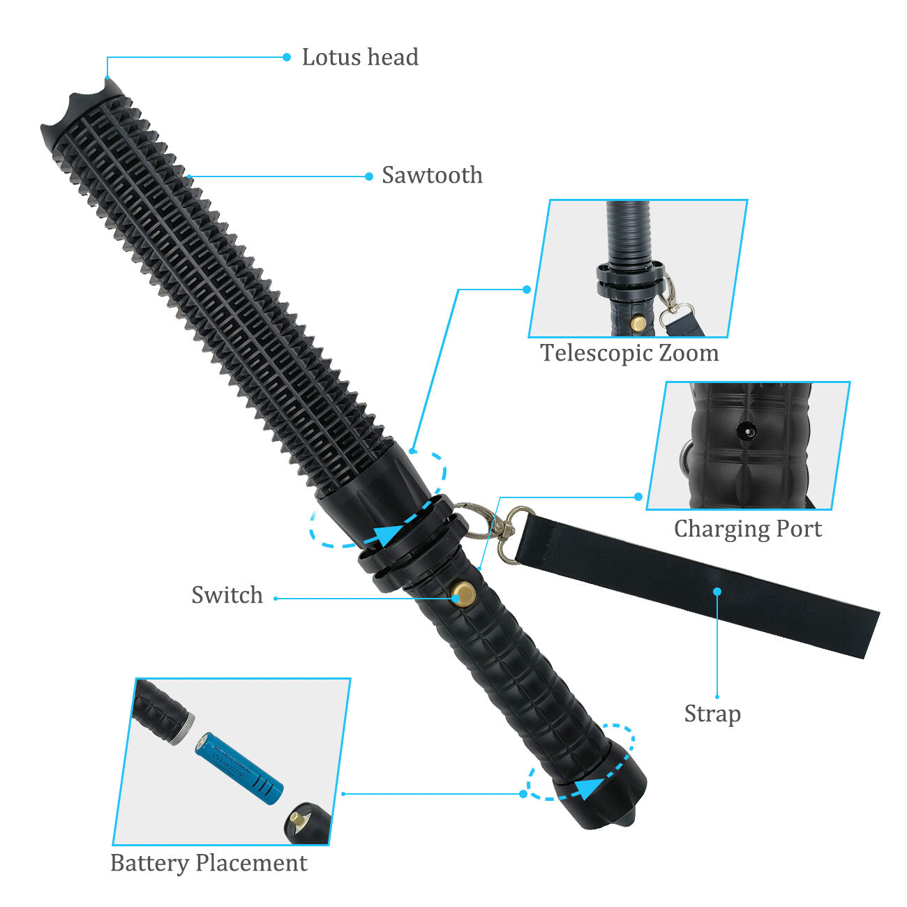 Heavy Duty Zoom Flashlight Emergency Hammer Rechargeable Torch