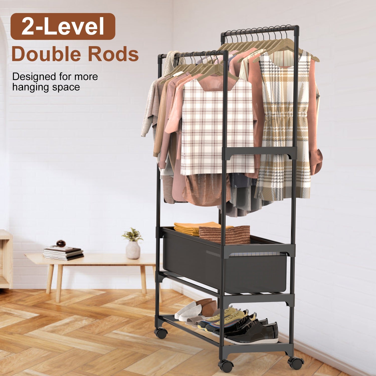 Adjustable Double Rod Garment Rack with Shelves & Wheels