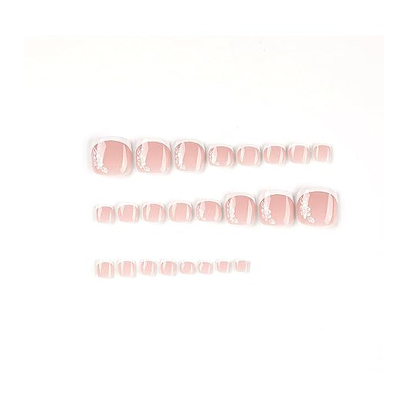 24PCS White Flower French Tip Press On Toenails for Women
