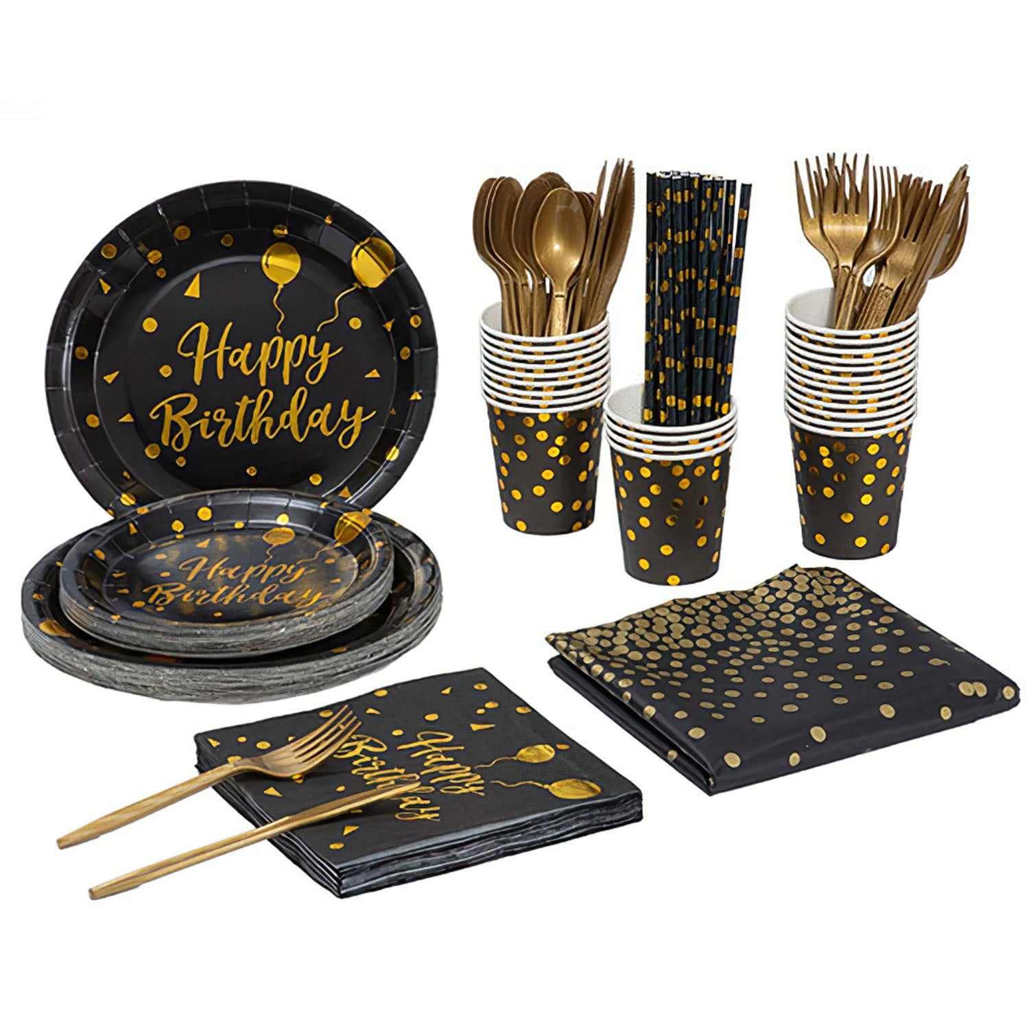 Black and Gold Birthday Party Dinnerware Set for 25 Guests