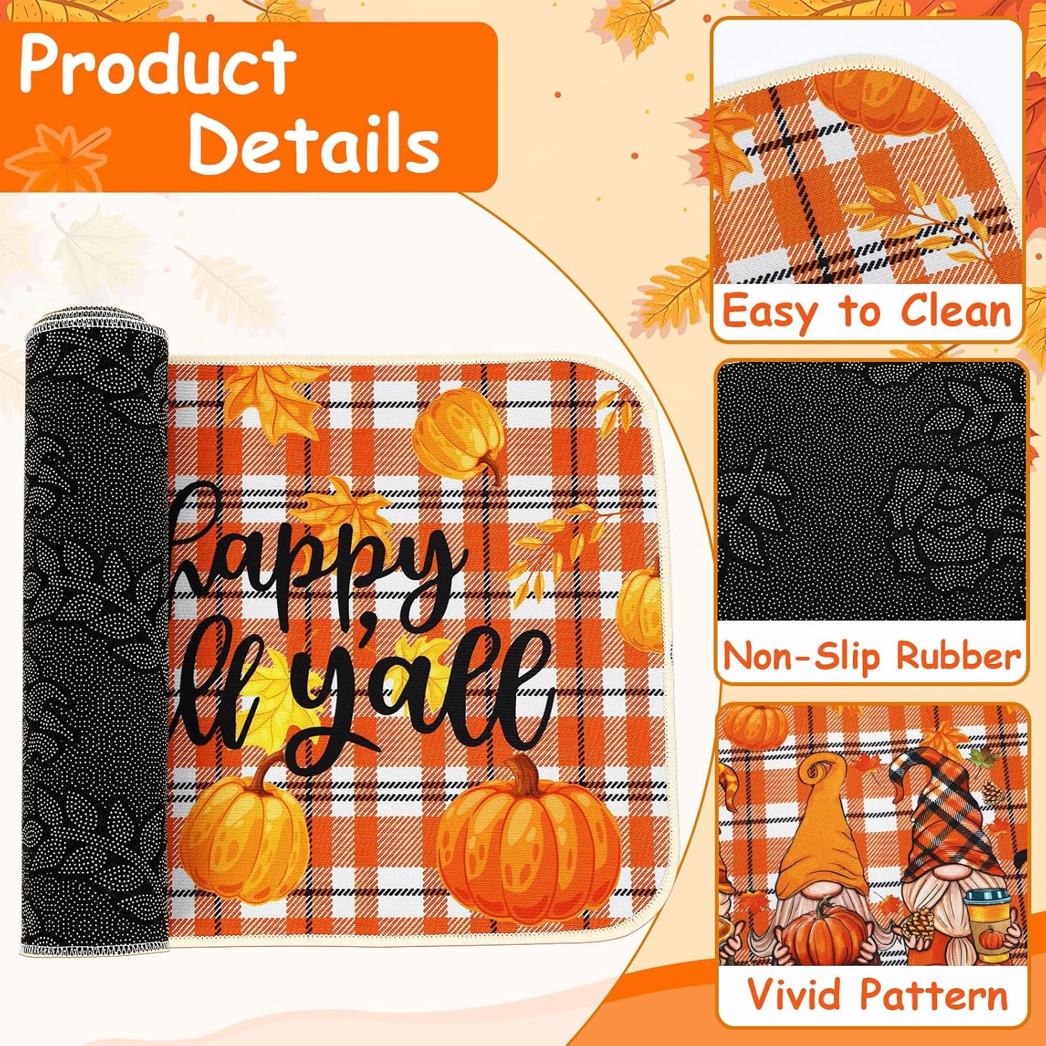 Fall Kitchen Rug Set with Pumpkin and Gnome Design