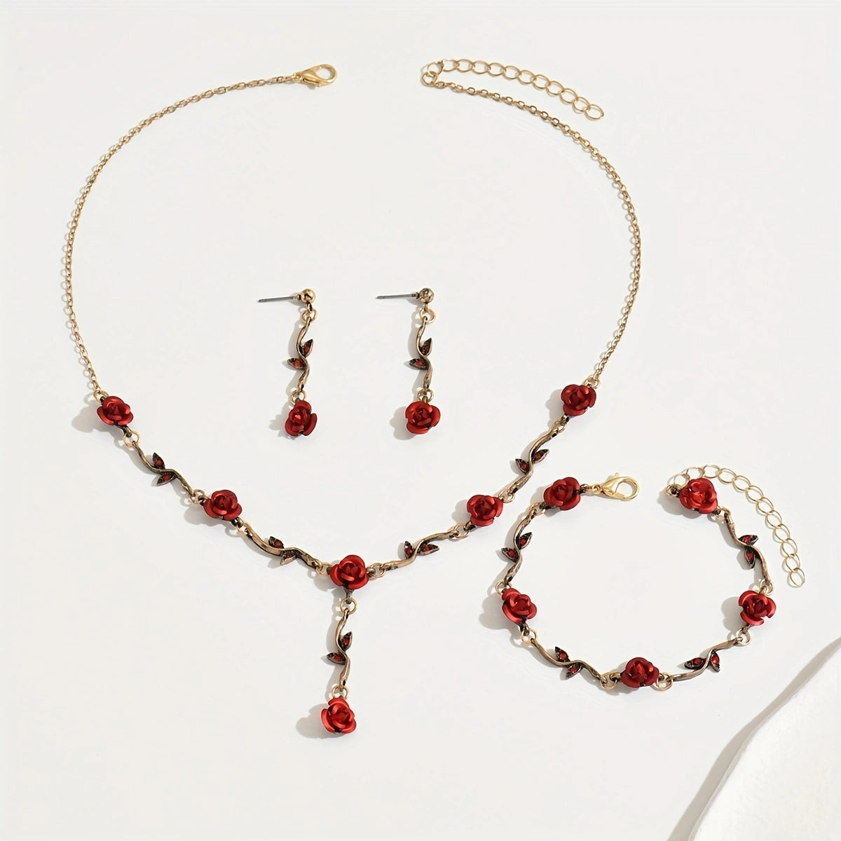 Luxury Romantic Red Rose Jewelry Set Handmade Bridal Elegance
