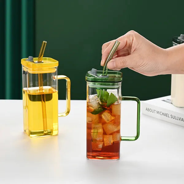 Square Glass Cup with Lid and Straw Modern Drinkware