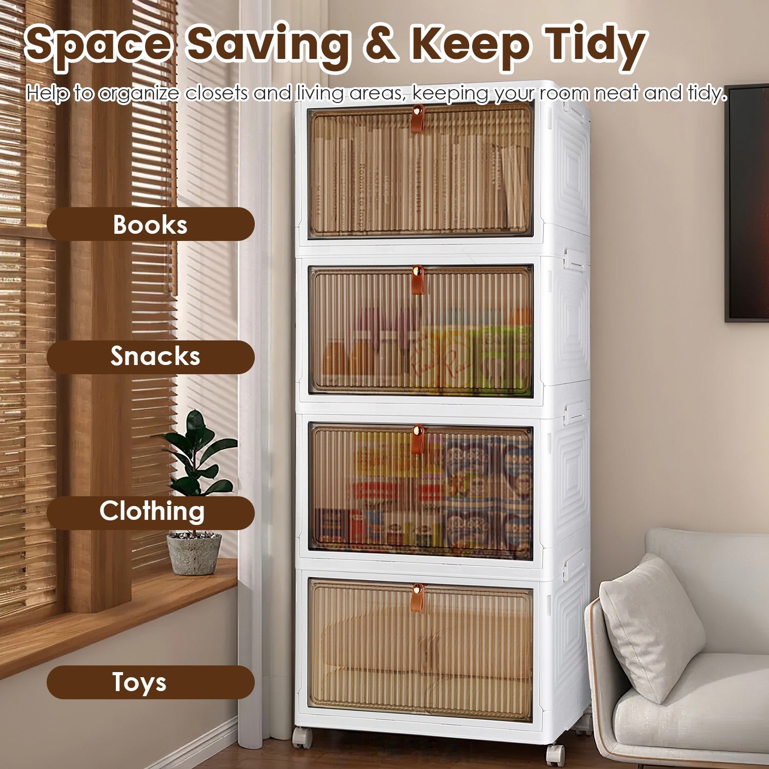 4Pc Foldable Storage Bins with Wheels Stackable Closet Organizer