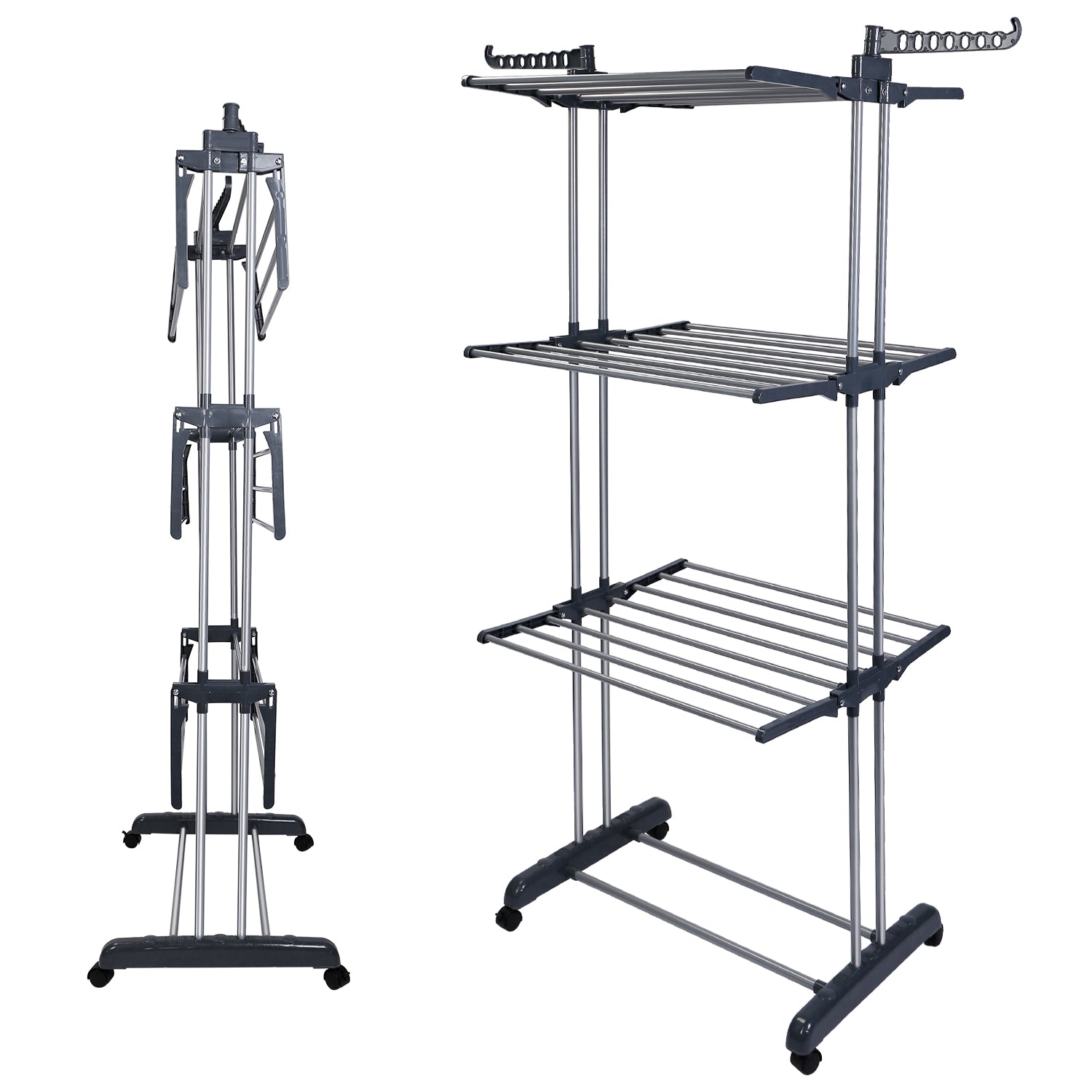 Heavy Duty 3-Tier Clothes Drying Rack with Wheels & Side Wings