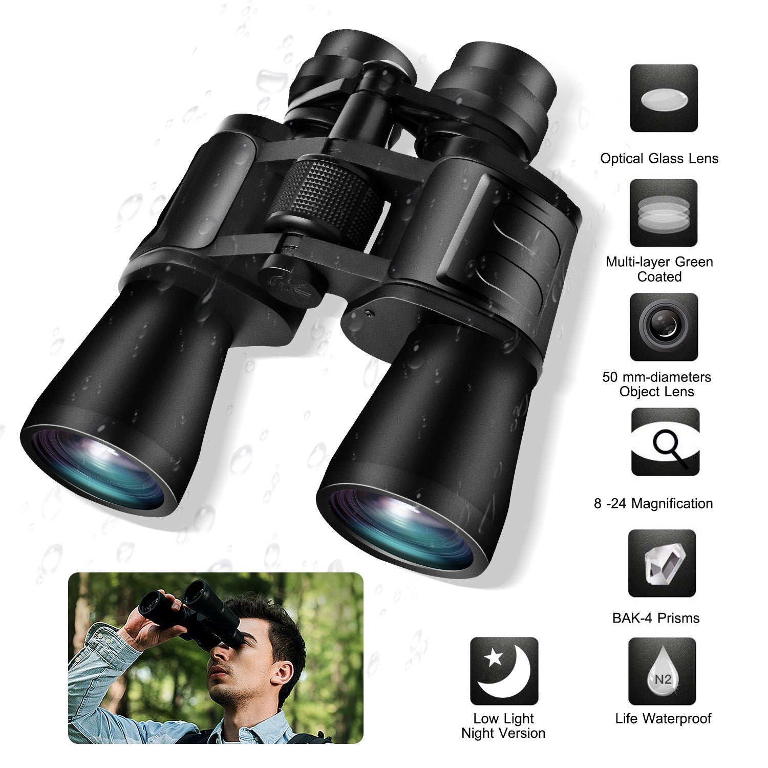 Portable Zoom Binoculars with FMC Lens for Bird Watching, Hunting