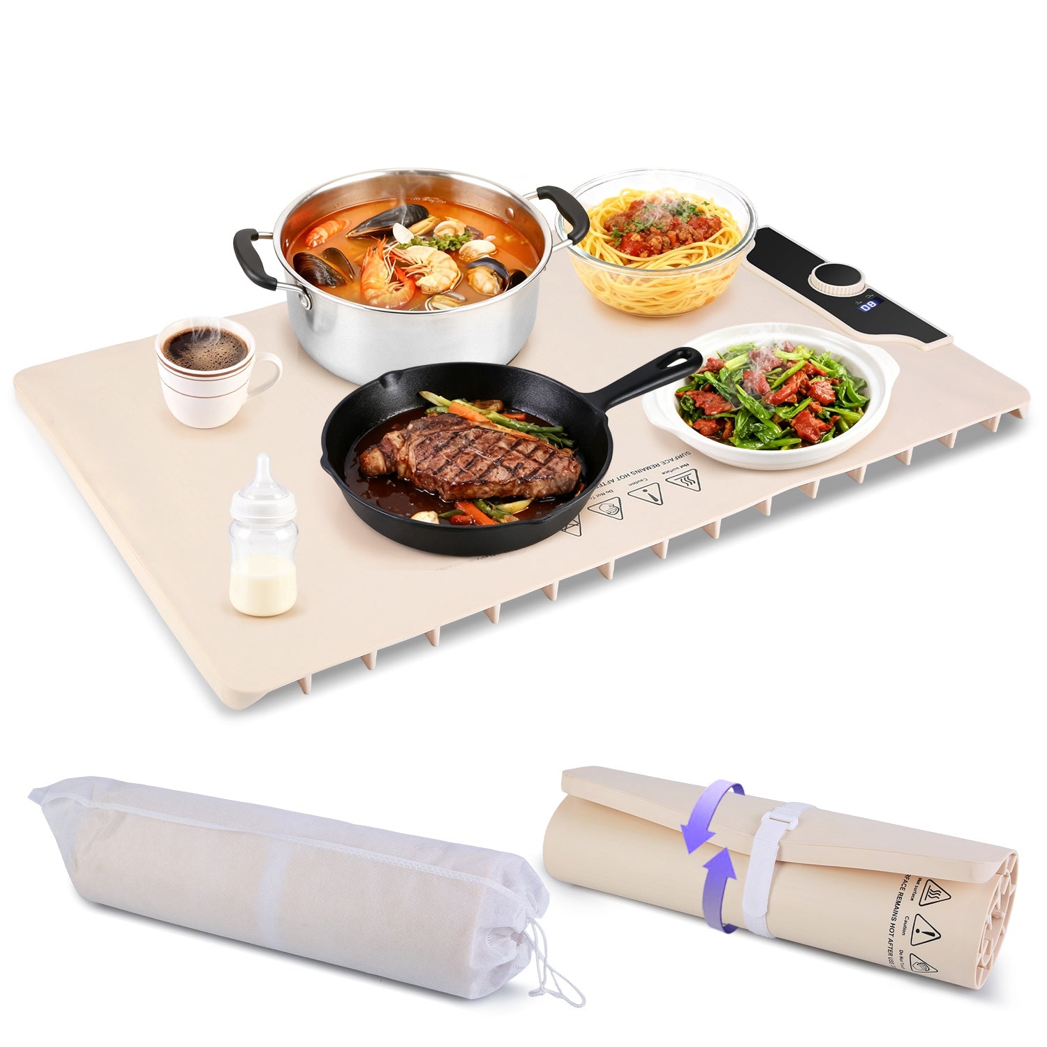 Electric Food Warming Mat Silicone 300W Adjustable Temp Timer