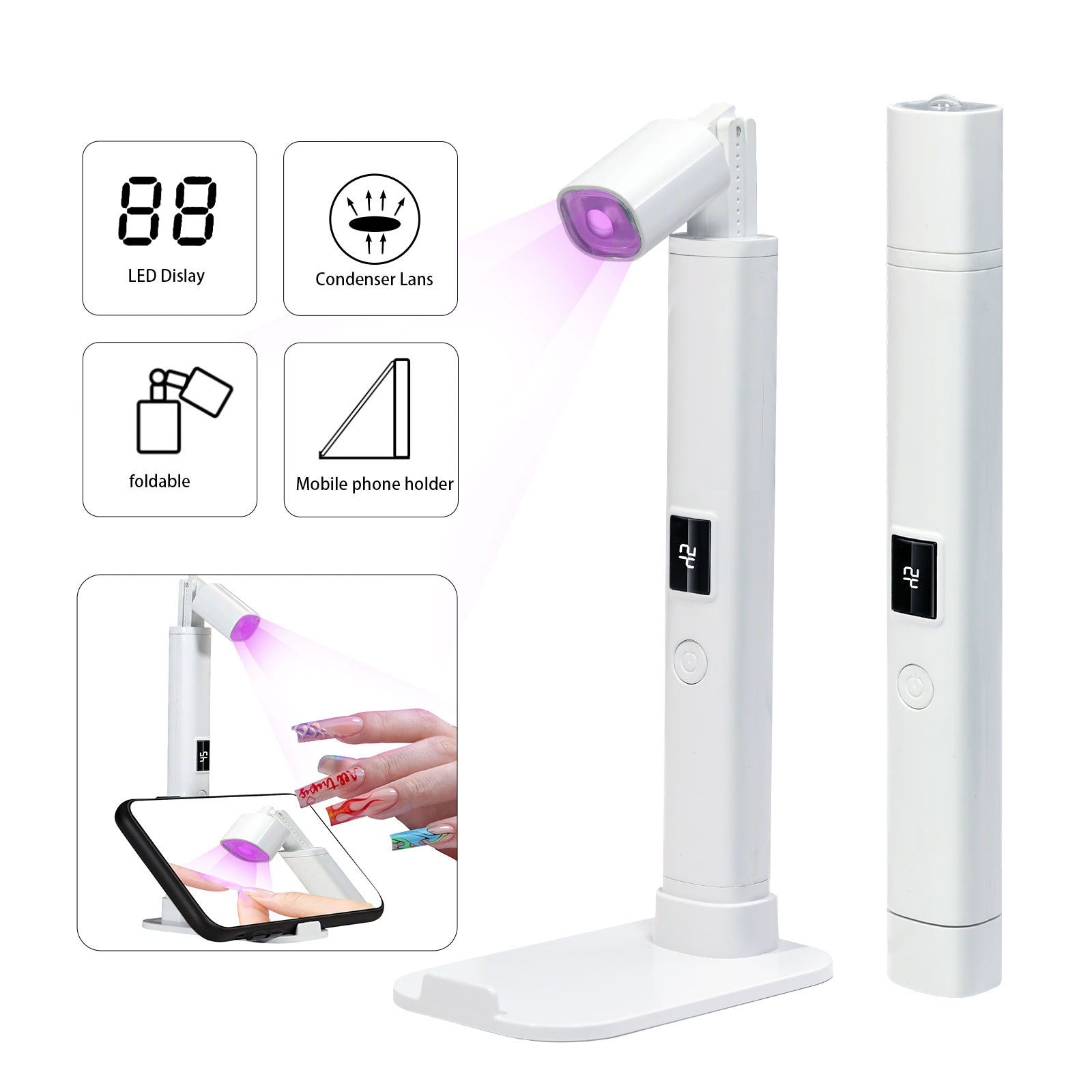 Portable Mini Handheld UV LED Nail Lamp with Foldable Stand White