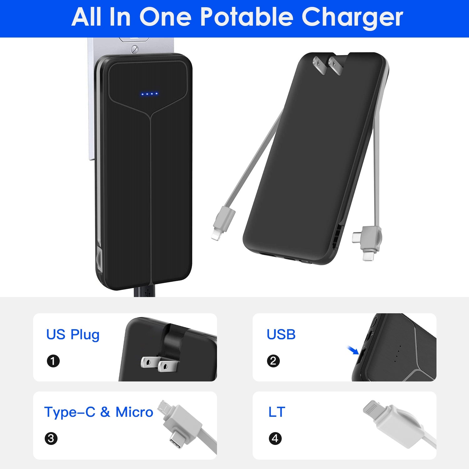 10000mAh Power Bank with Built in Cables Multi Output Charger